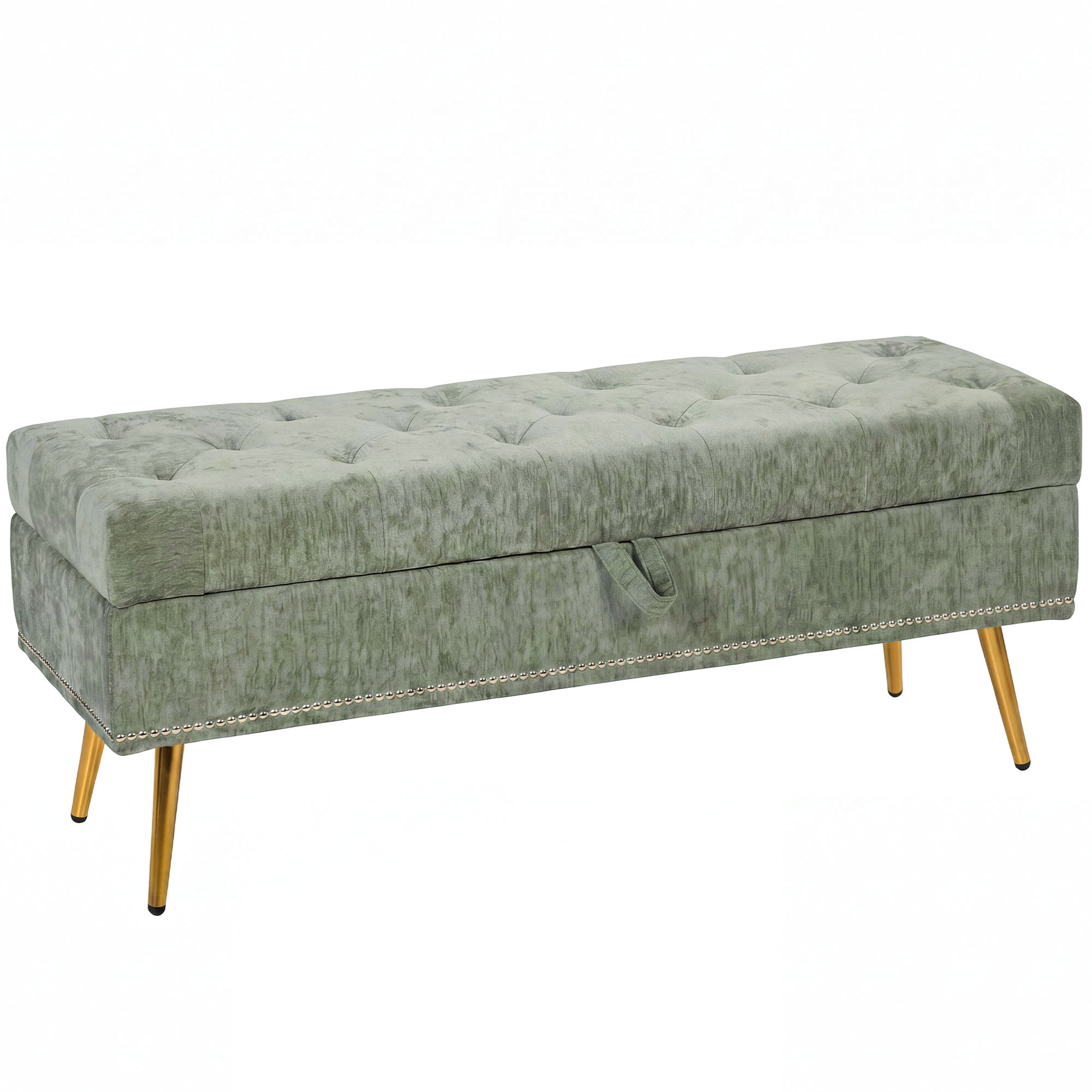 WORCESTER 114 cm Chenille Storage Ottoman with Padded Seat and Metal Legs - Light Green
