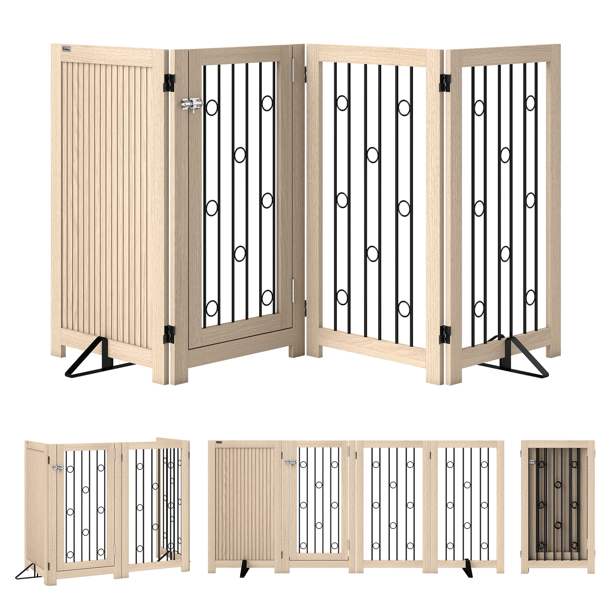 FENQUYRE 4 Panel Freestanding Pet Gate with Lockable Door, Support Feet and Flexible Hinges - Oak and Black