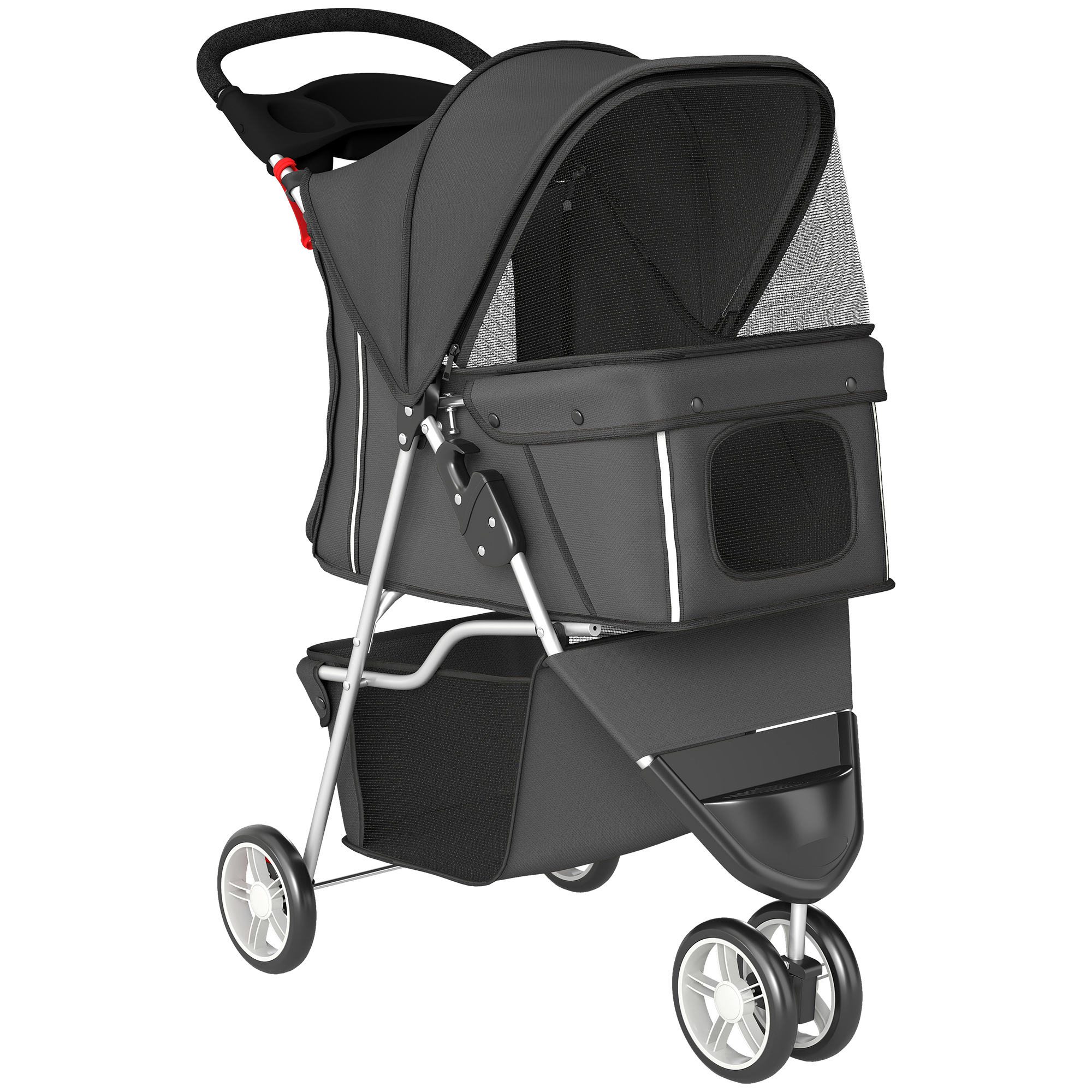 EASBURY 3 Wheel Foldable Dog Stroller with Adjustable Canopy and Storage Basket - Dark Grey and Grey