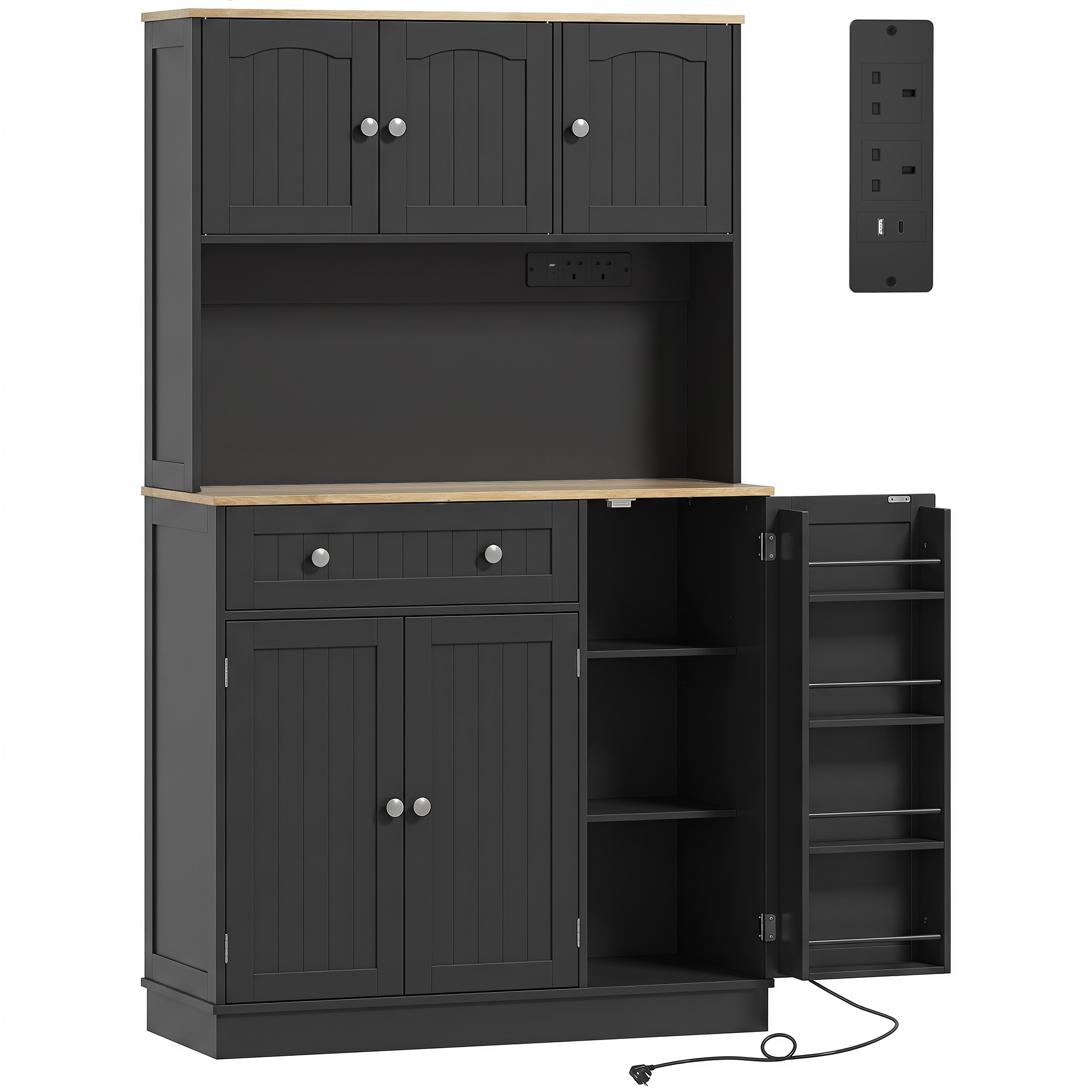 CHIPPING 173 cm Kitchen Pantry Cupboard with Charging Station, Adjustable Shelves and 4 Door Racks - Black and Oak