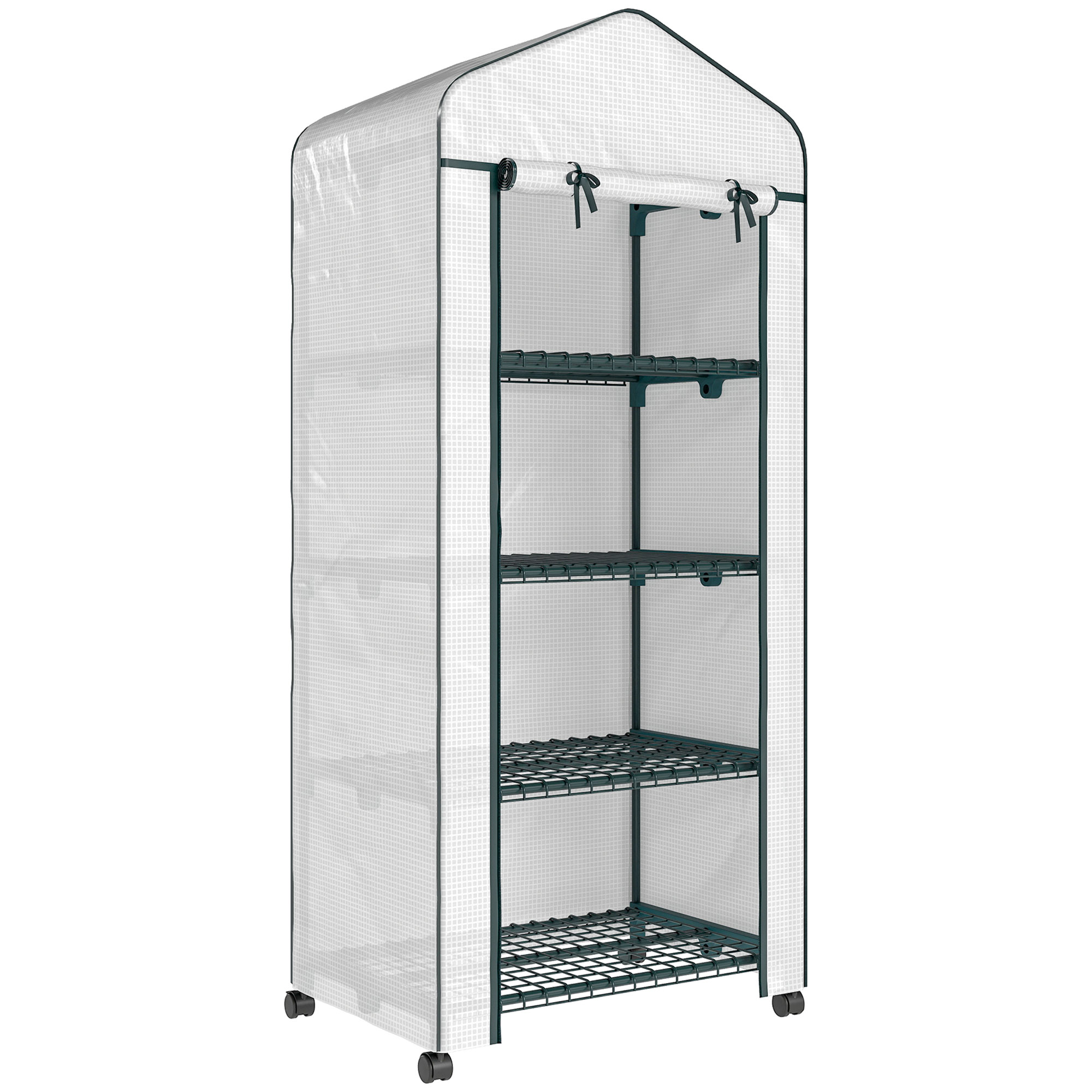 BIRCHAM 4 Tier Portable Mini Greenhouse with Metal Frame, PE Cover and Lockable Wheels - White and Dark Green