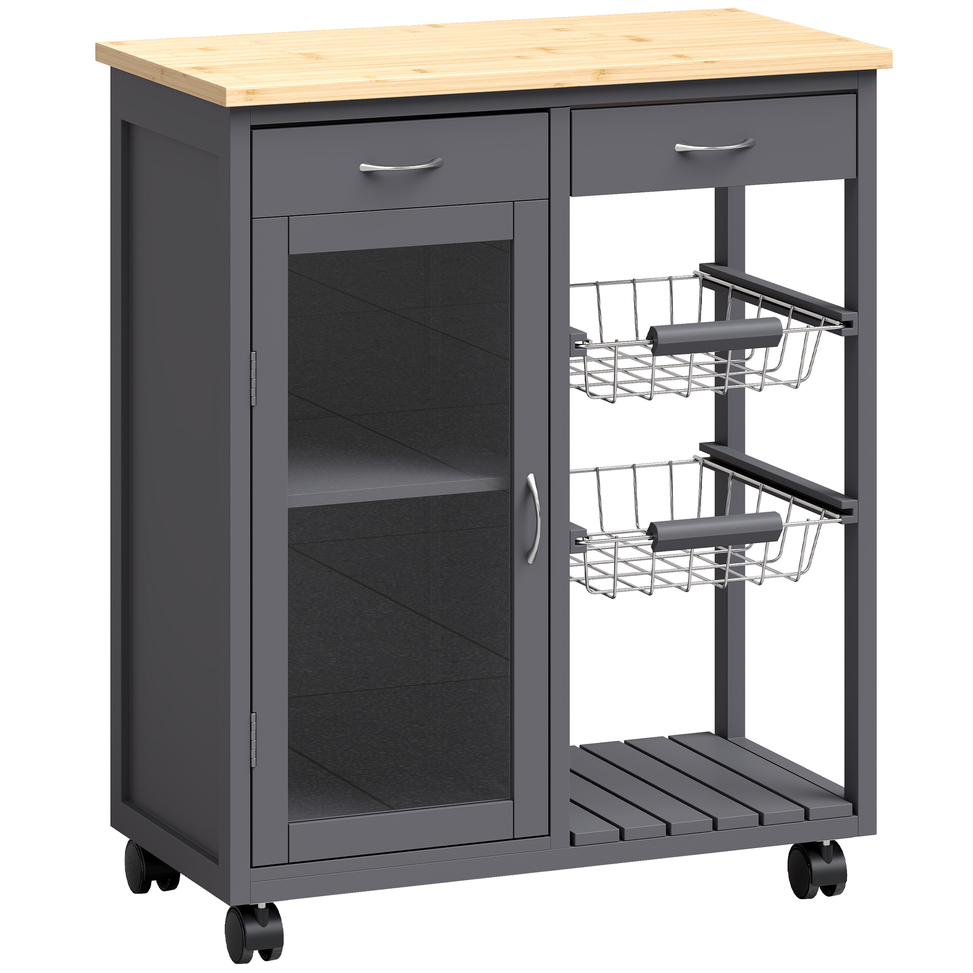CROWBOROUGH Bamboo Rolling Kitchen Island Trolley with Glass Door, 2 Wire Baskets and Adjustable Shelf - Grey and Natural