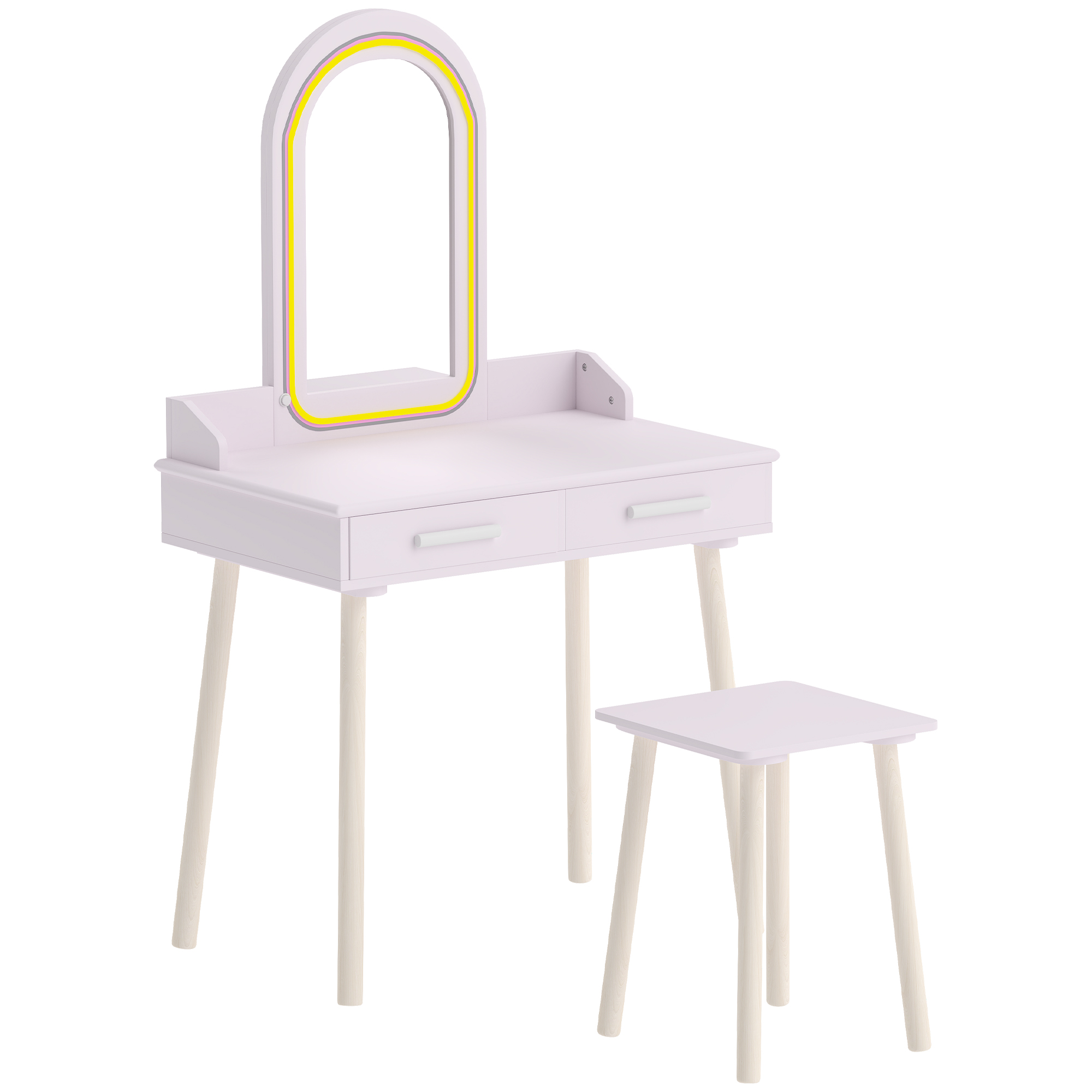 CRAVEN Kids Dressing Table and Stool with 3 Colour LED Mirror and Drawer - Pink, Natural, Green, Purple and White