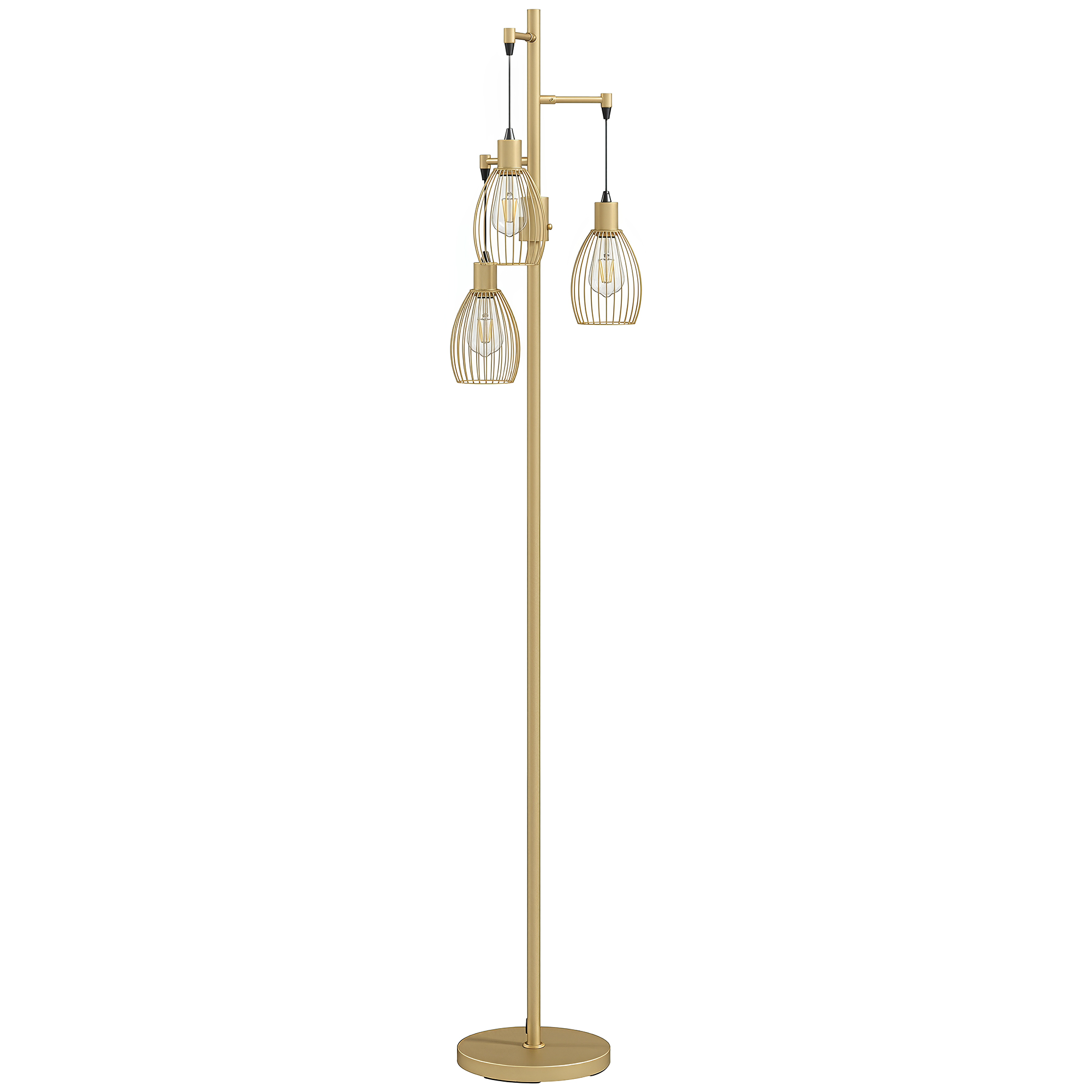 TREVON 170.5 cm Industrial Dimmable Floor Lamp with 3 Steel Wire Cage Shades - Gold Tone