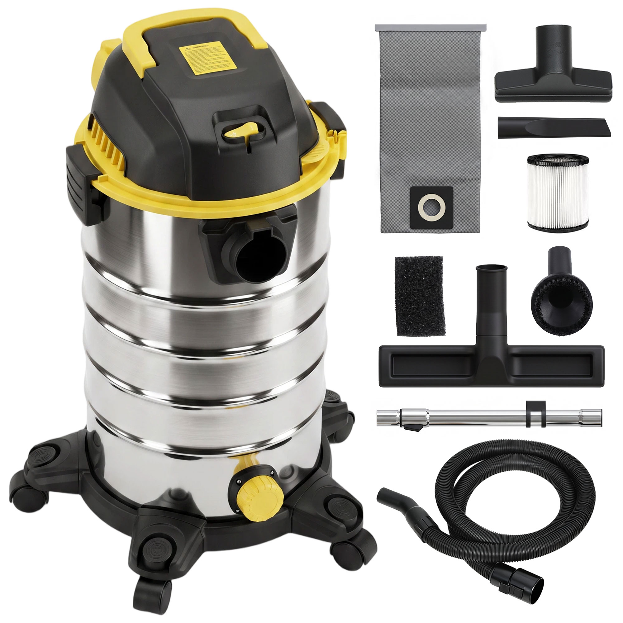 HARCOURT 1400W 3 in 1 Wet and Dry Vacuum Cleaner with Blower and 30L Steel Tank - Silver Tone, Black and Yellow