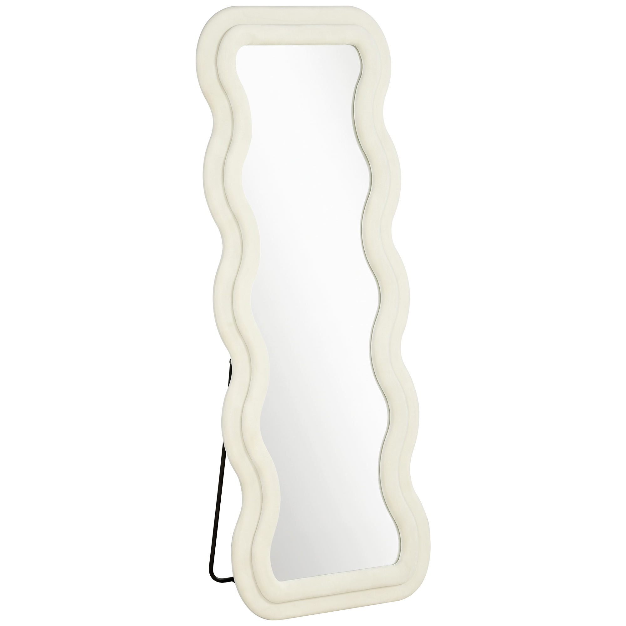 CALNE 160 x 60 cm Wavy Full Length Mirror with Velvet Frame and Tempered Glass - Cream White