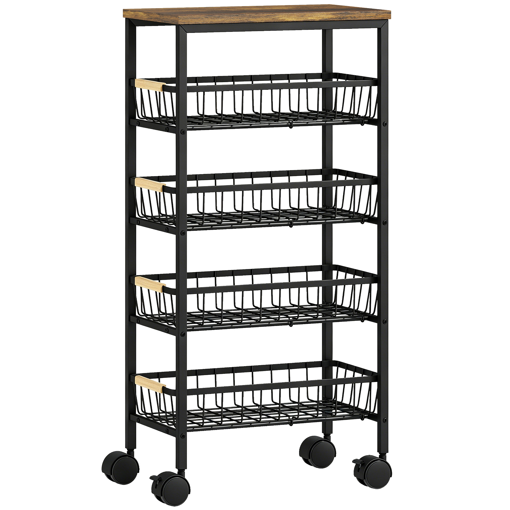SUNNINGDALE 4 Tier Metal Kitchen Storage Trolley with Pull Out Baskets and Swivel Castors - Rustic Brown, Black and Natural