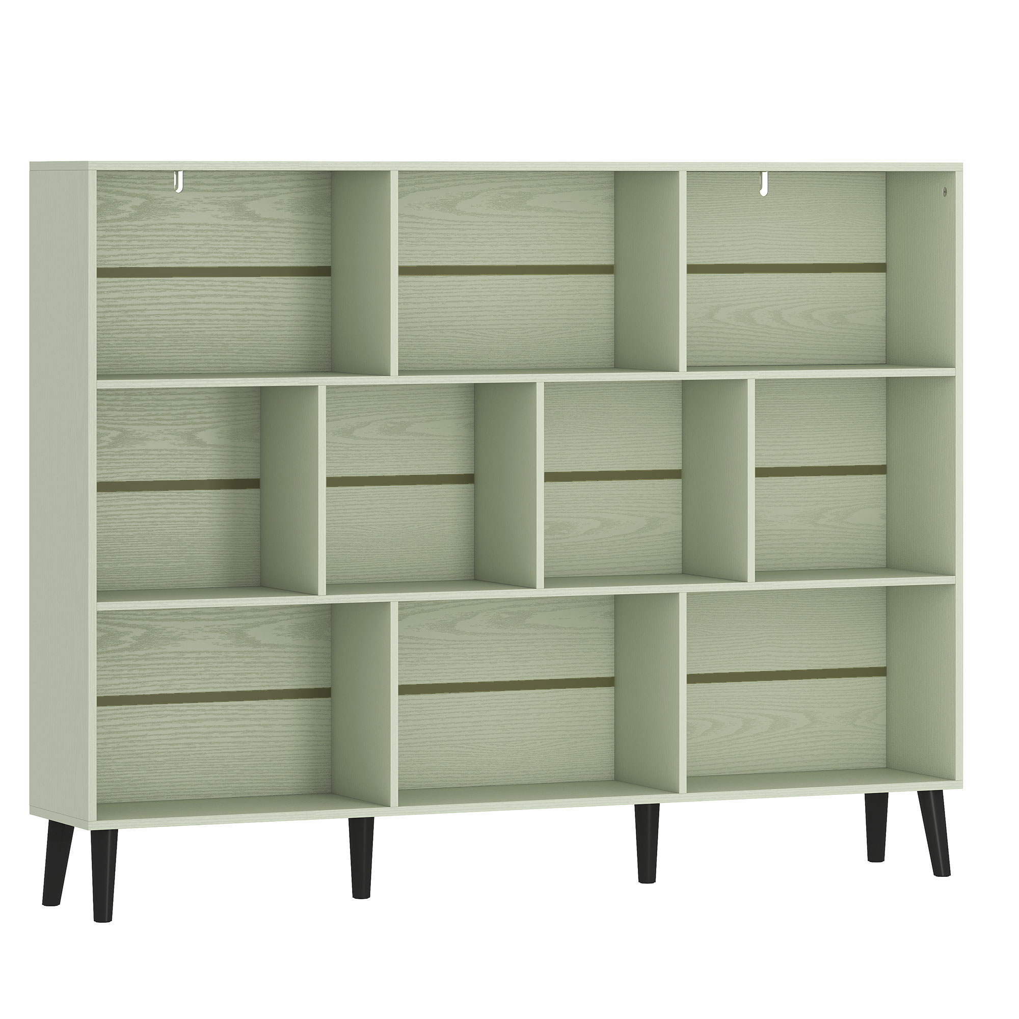 CAMELFORD 140 cm 10 Cube Bookcase with 3 Tiers, Pine Wood Legs and Anti Tip Kit - Light Green and Black