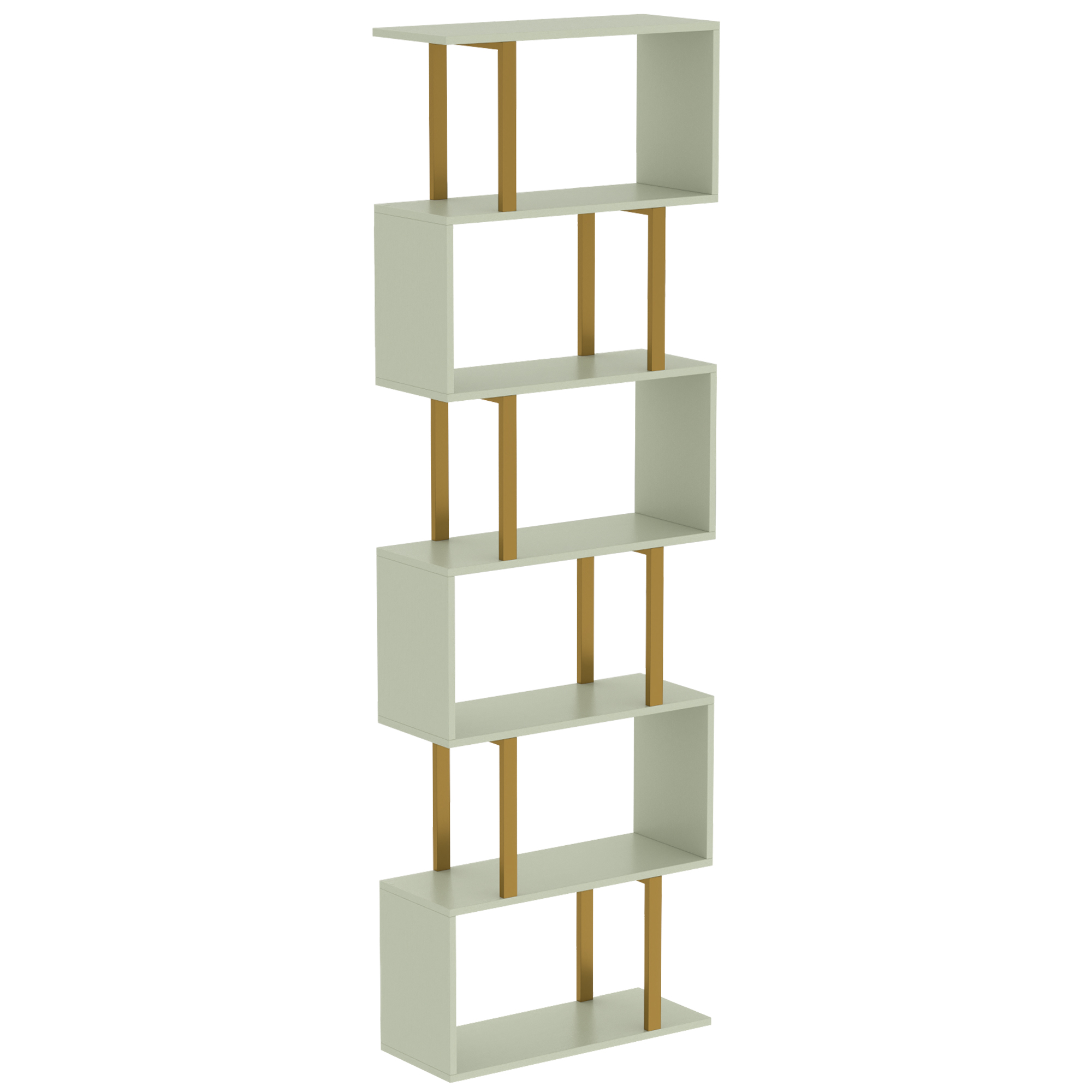 DRONFIELD 6 Tier S Shaped Bookcase with Freestanding Shelves and Anti Tip Strap - Light Green and Gold Tone