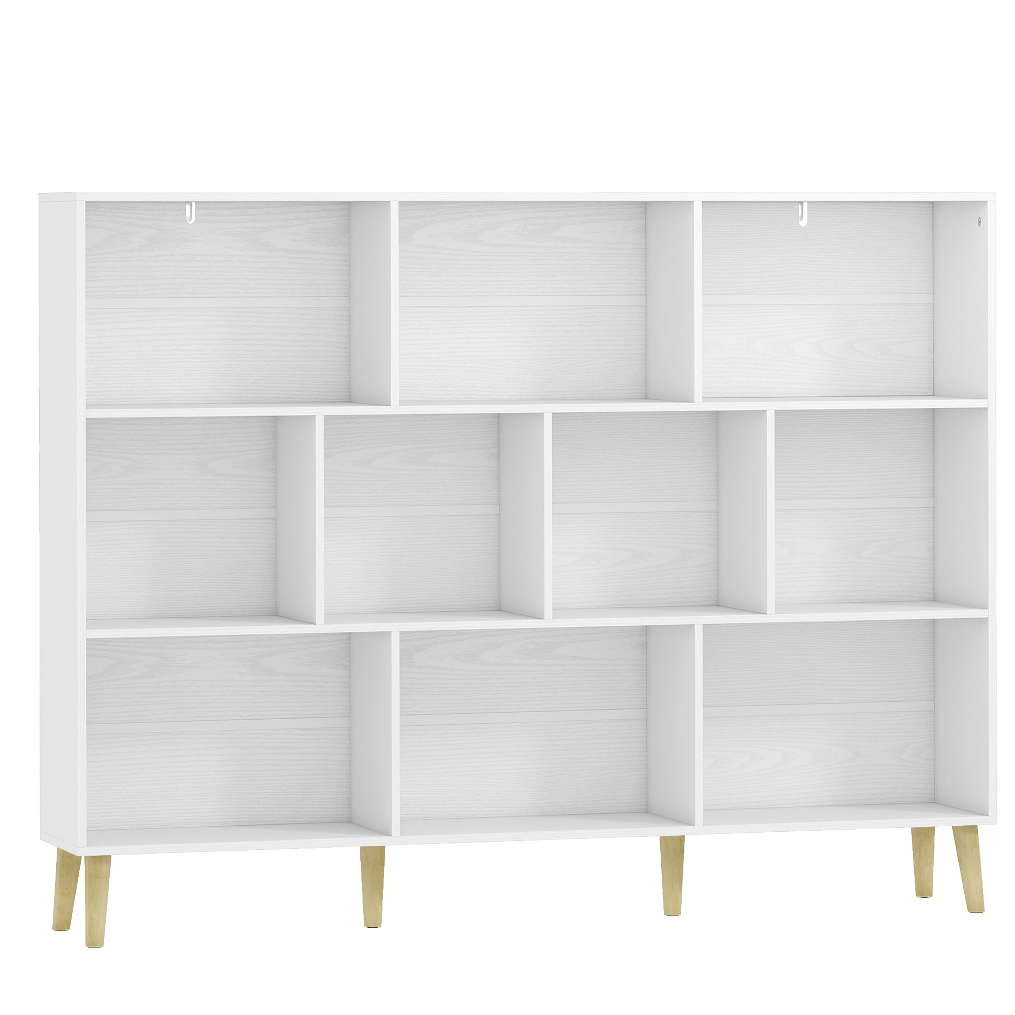 CAMELFORD 140 cm 10 Cube Bookcase with 3 Tiers, Pine Wood Legs and Anti Tip Kit - White Wood Effect and Oak