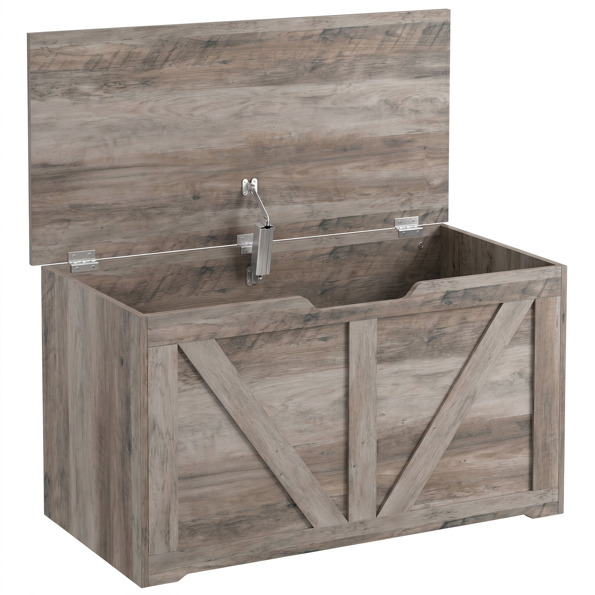 JUVRIA 100L Particleboard Home Storage Box with Safety Hinge and Wood Effect - Grey
