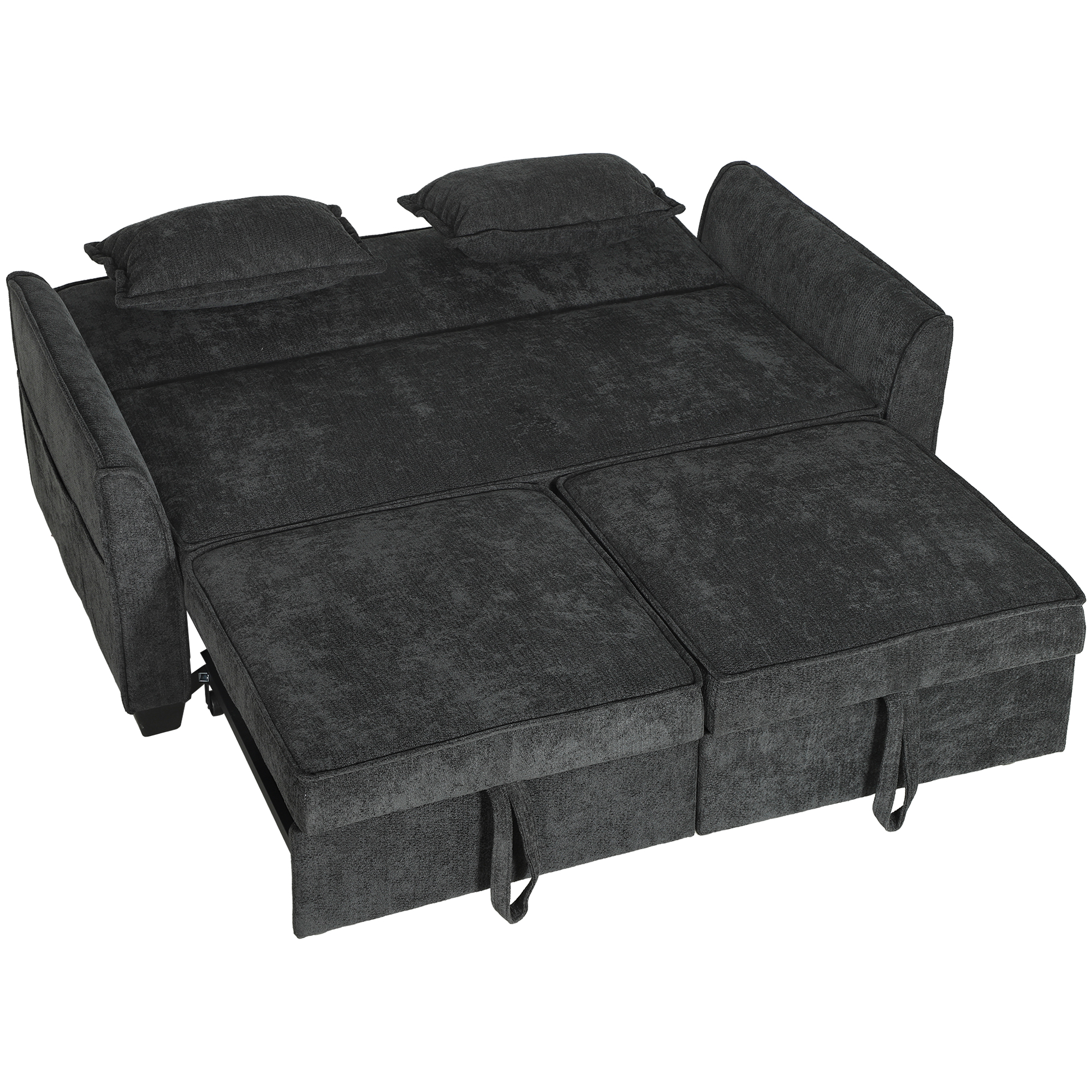 BRIDLINGTON Chenille 2 Seater Sofa Bed with 4 in 1 L Shaped Pull Out Sleeper and Side Pockets - Black