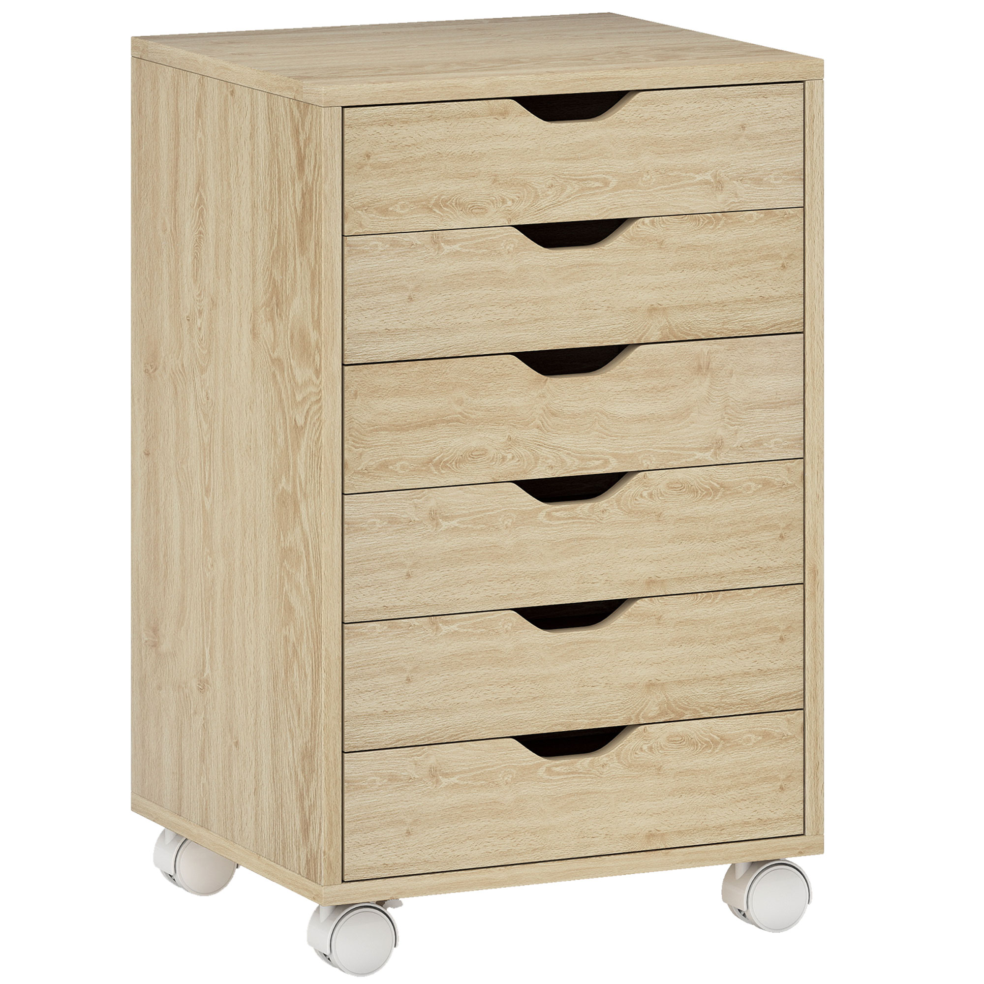 LONGLEAT 6 Drawer Mobile Vertical Filing Cabinet with Quiet Drawers, Wheels and 2 Brakes - Oak Wood Effect