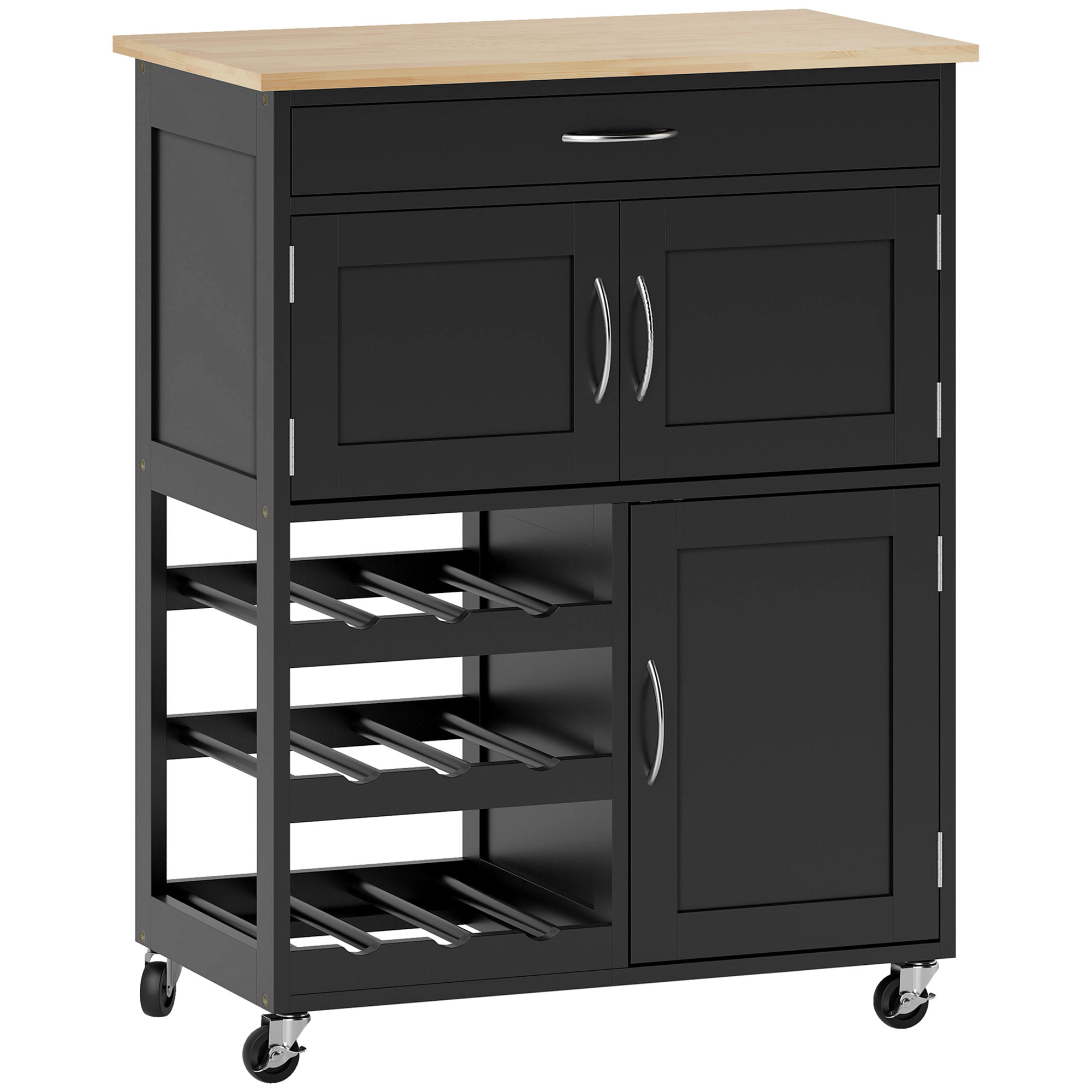 ALDERWELL Rolling Kitchen Trolley with Drawer, Wine Rack and Cabinets - Black