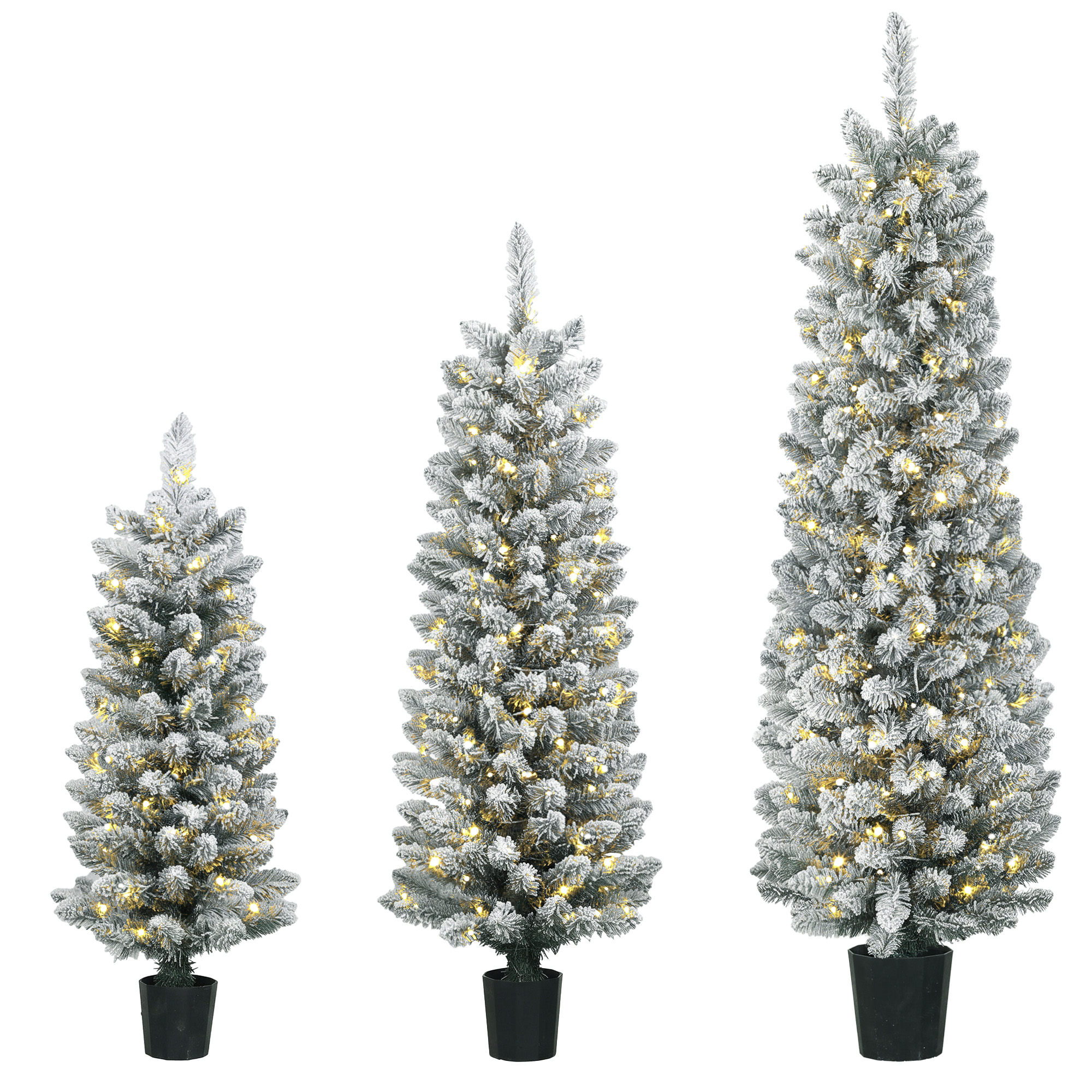 BLAZEFIELD Set of 3 Slim Pre-Lit Snow-Flocked Christmas Trees, 3 5ft