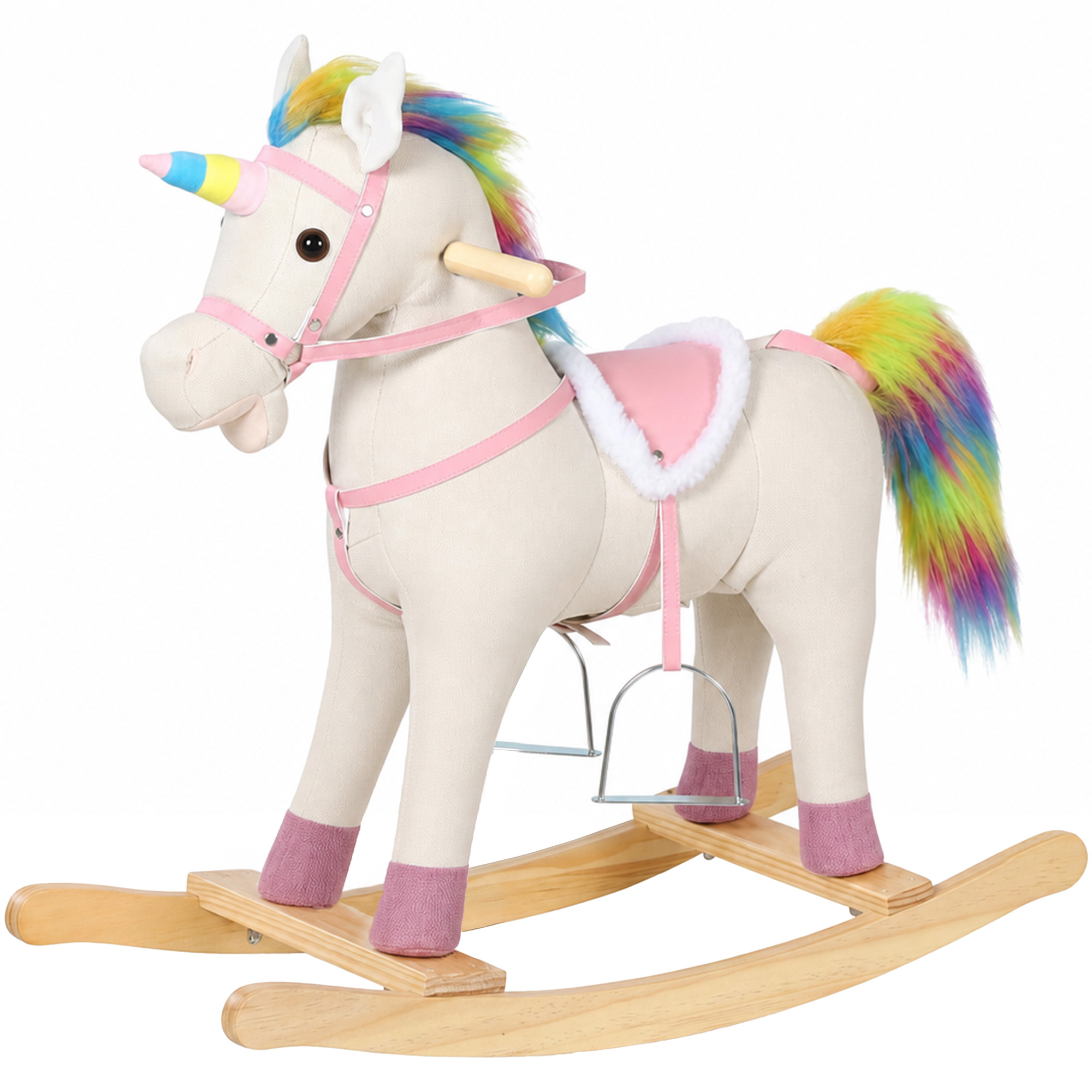 ASPENBROOK Unicorn Rocking Horse with Sounds and Wooden Base - Cream White