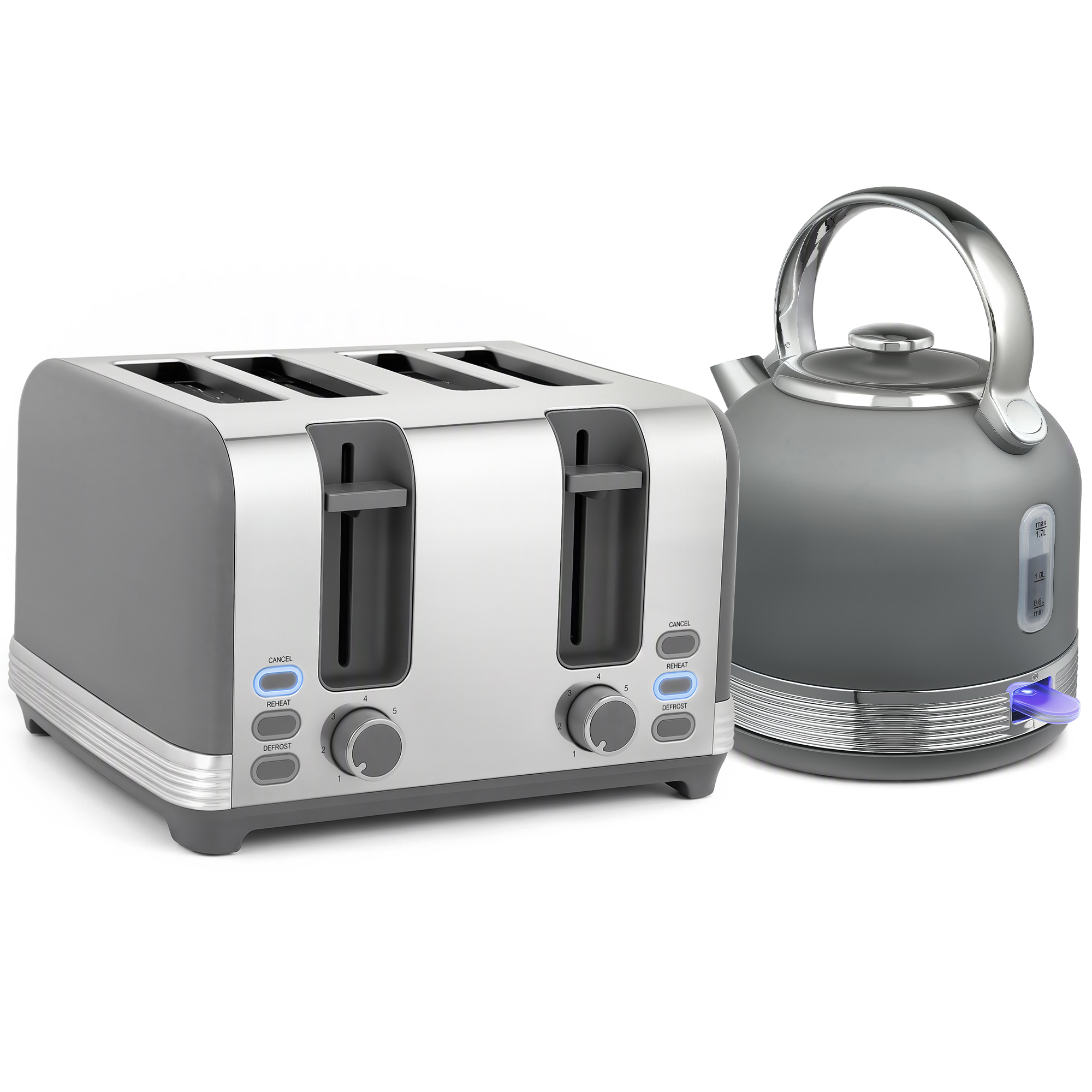 BIRCHWELL 1.7L Kettle and 4-Slice Toaster Set, 3000W - Grey