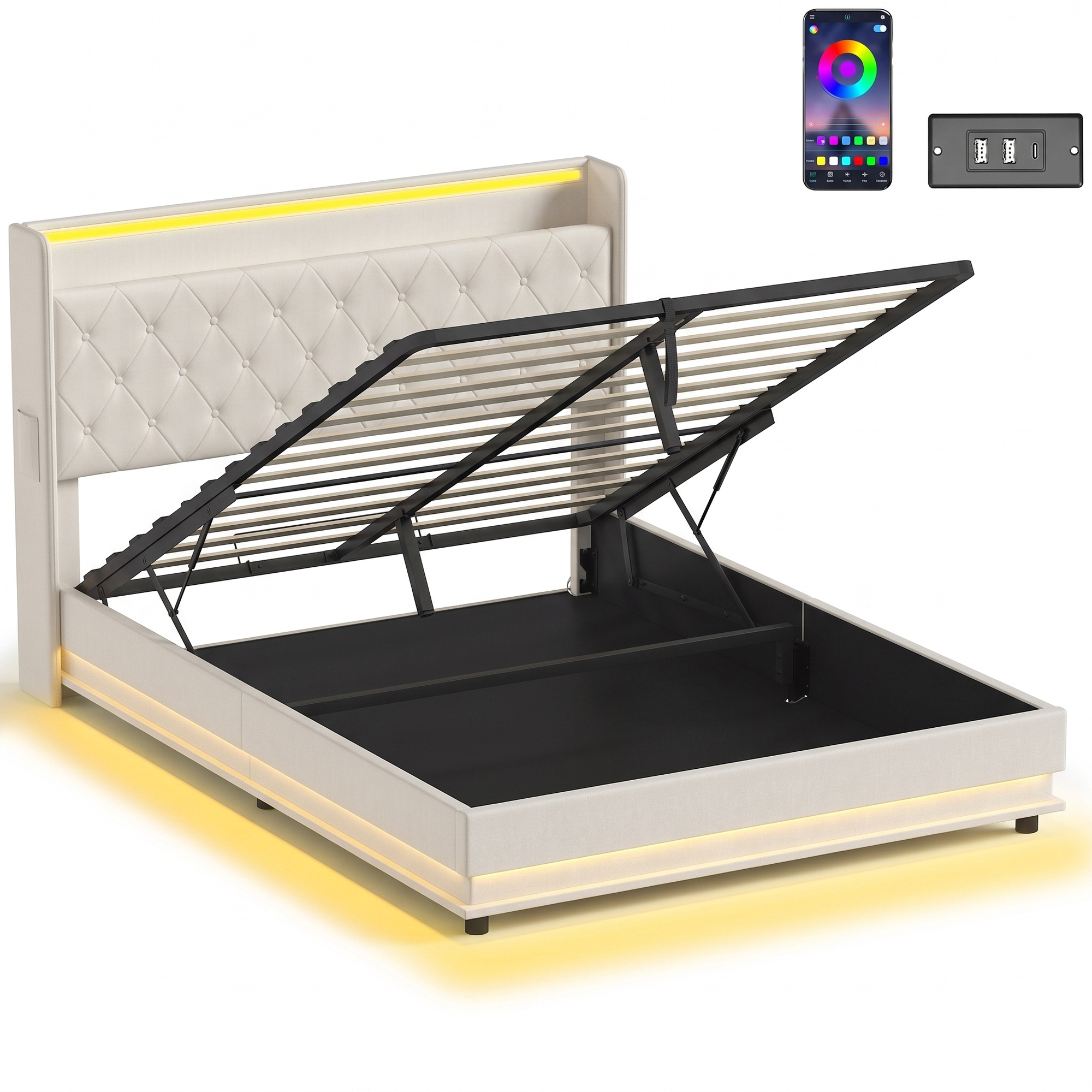 COMETLEY 5ft King Bed Frame with Hydraulic Storage, LED Lights and Charging - White