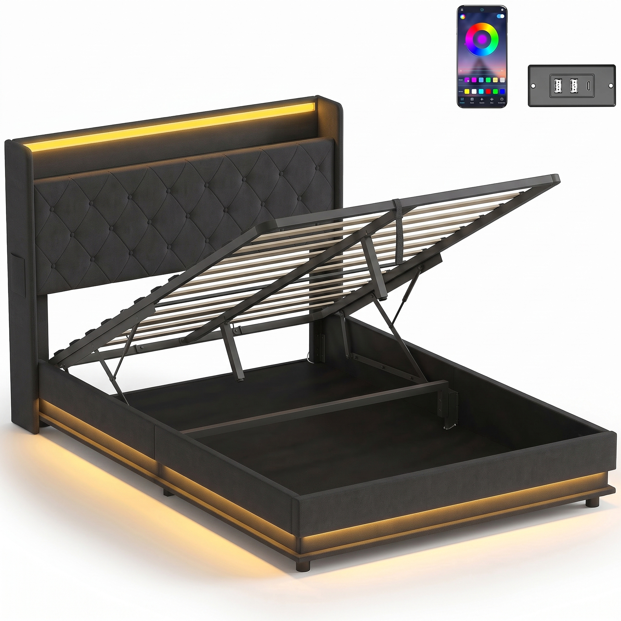 COMETLEY 4ft6 Double Bed Frame with Hydraulic Storage, LED Lights and Charging - Black