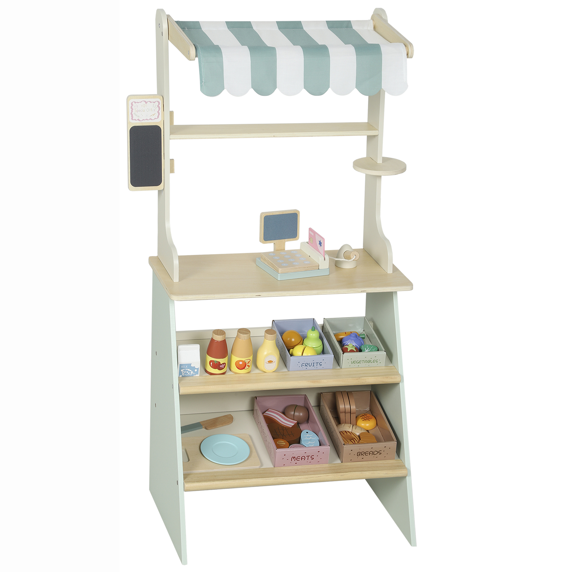 APEXFIELD Wooden Toy Shop with Cash Register and 4 Storage Boxes - Green