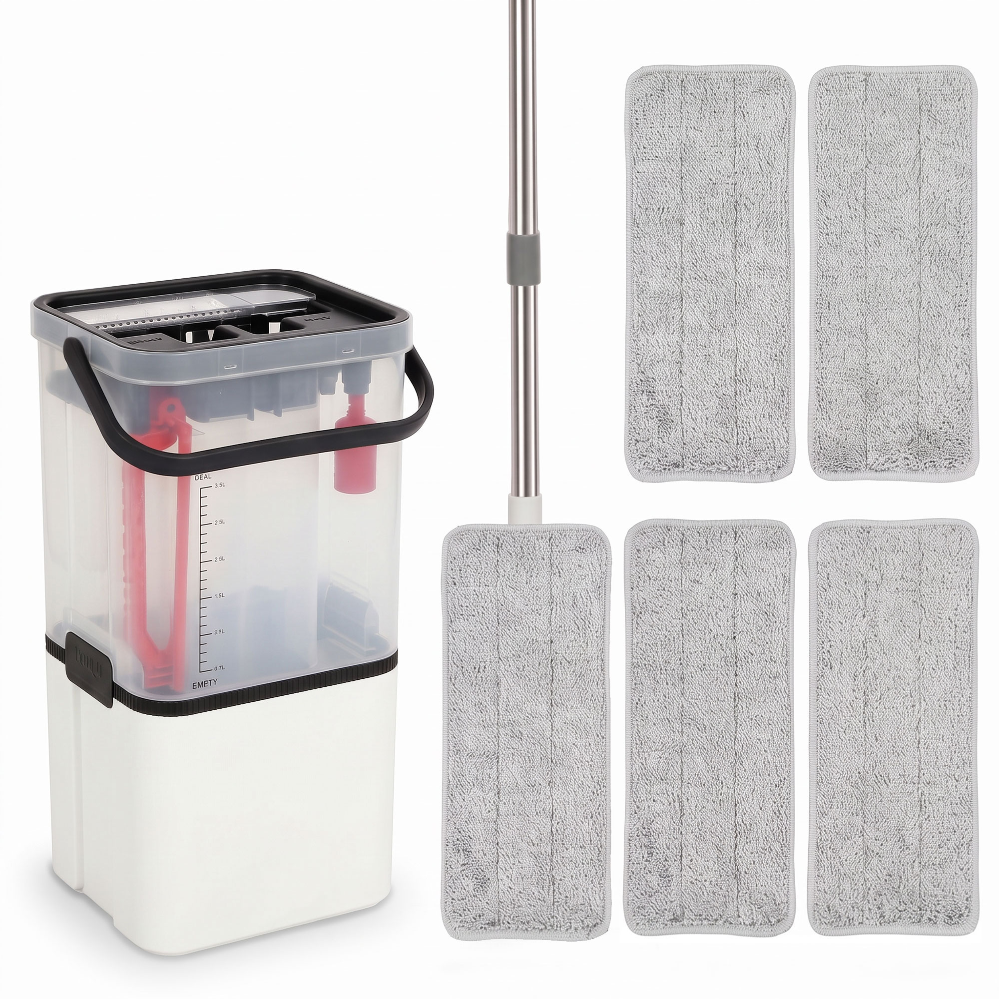 COVEGATE Flat Mop and Bucket Set with Wringer, 2 Chambers and 5 Reusable Pads - White