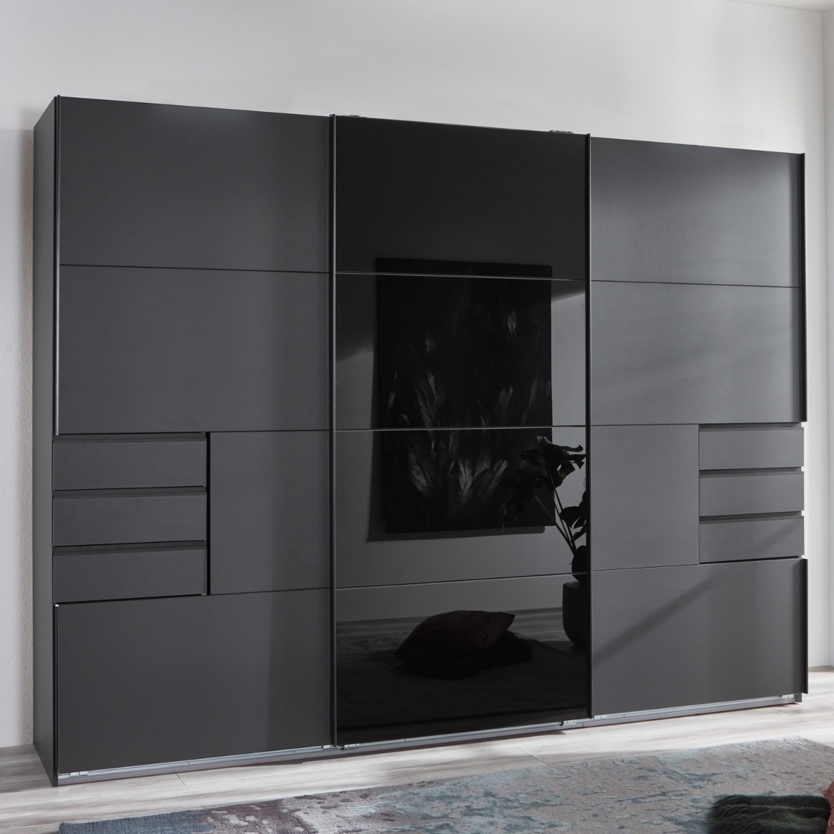 SOGO 3 Door Mirrored Sliding Wardrobe with 6 Drawers Black - 270cm