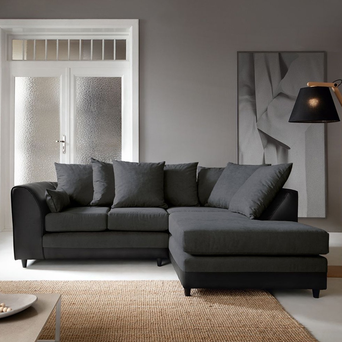 LINACRE Fabric 4 Seater L Shaped - Right Hand Facing Corner Sofa - Black and Charcoal