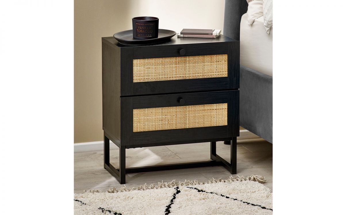Bedside Table - PADSTOW 2 Drawer Nightstand Black 50cm