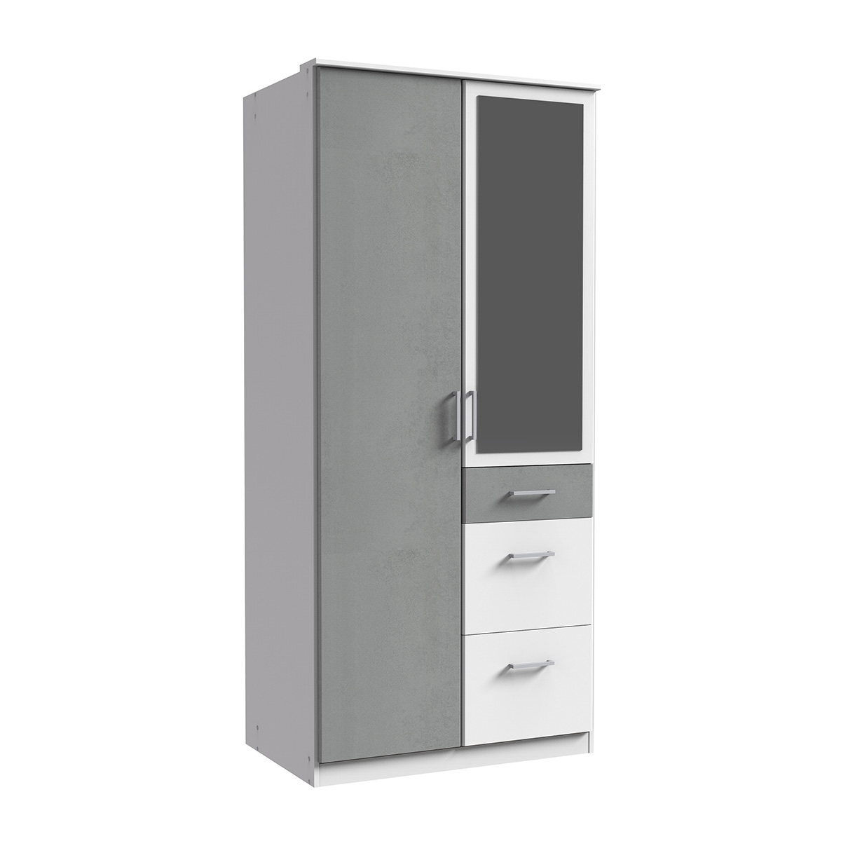 COMODO 2 Door Mirrored Wardrobe with 3 Drawers White and Grey - 90cm