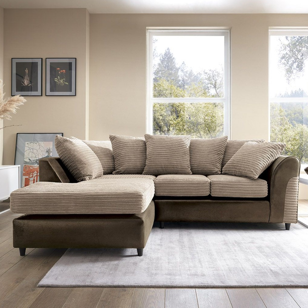 HARLEY Cord Fabric 4 Seater L Shaped - Left Hand Facing Corner Sofa - Brown