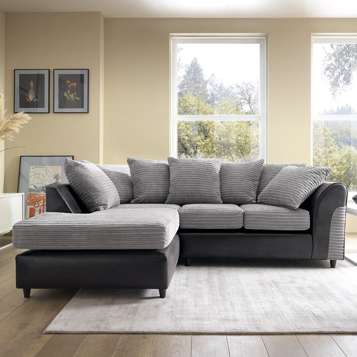 HARLEY Cord Fabric 4 Seater L Shaped - Left Hand Facing Corner Sofa - Black