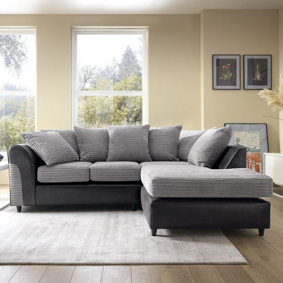 HARLEY Cord Fabric 4 Seater L Shaped - Right Hand Facing Corner Sofa - Black