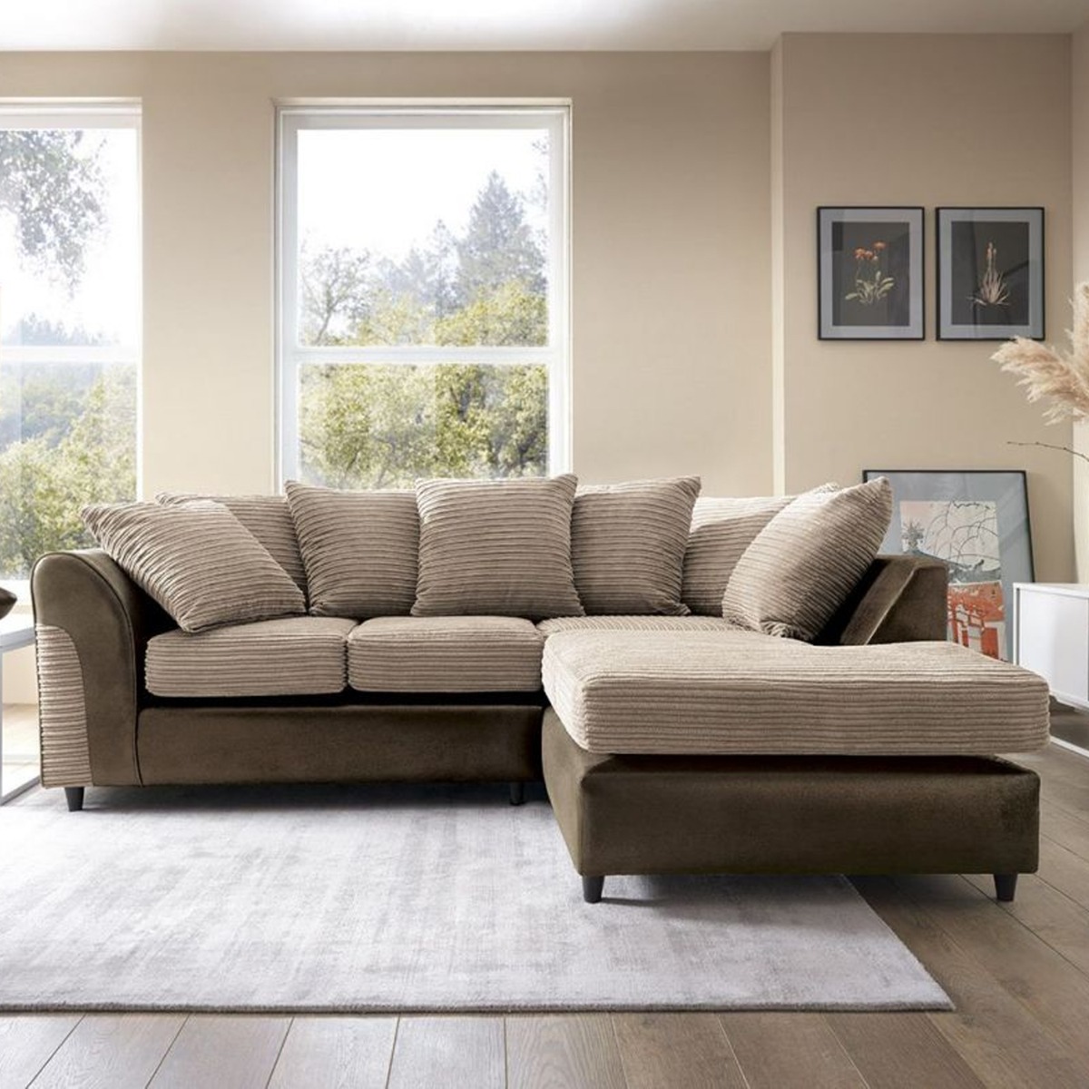 HARLEY Cord Fabric 4 Seater L Shaped - Right Hand Facing Corner Sofa - Brown