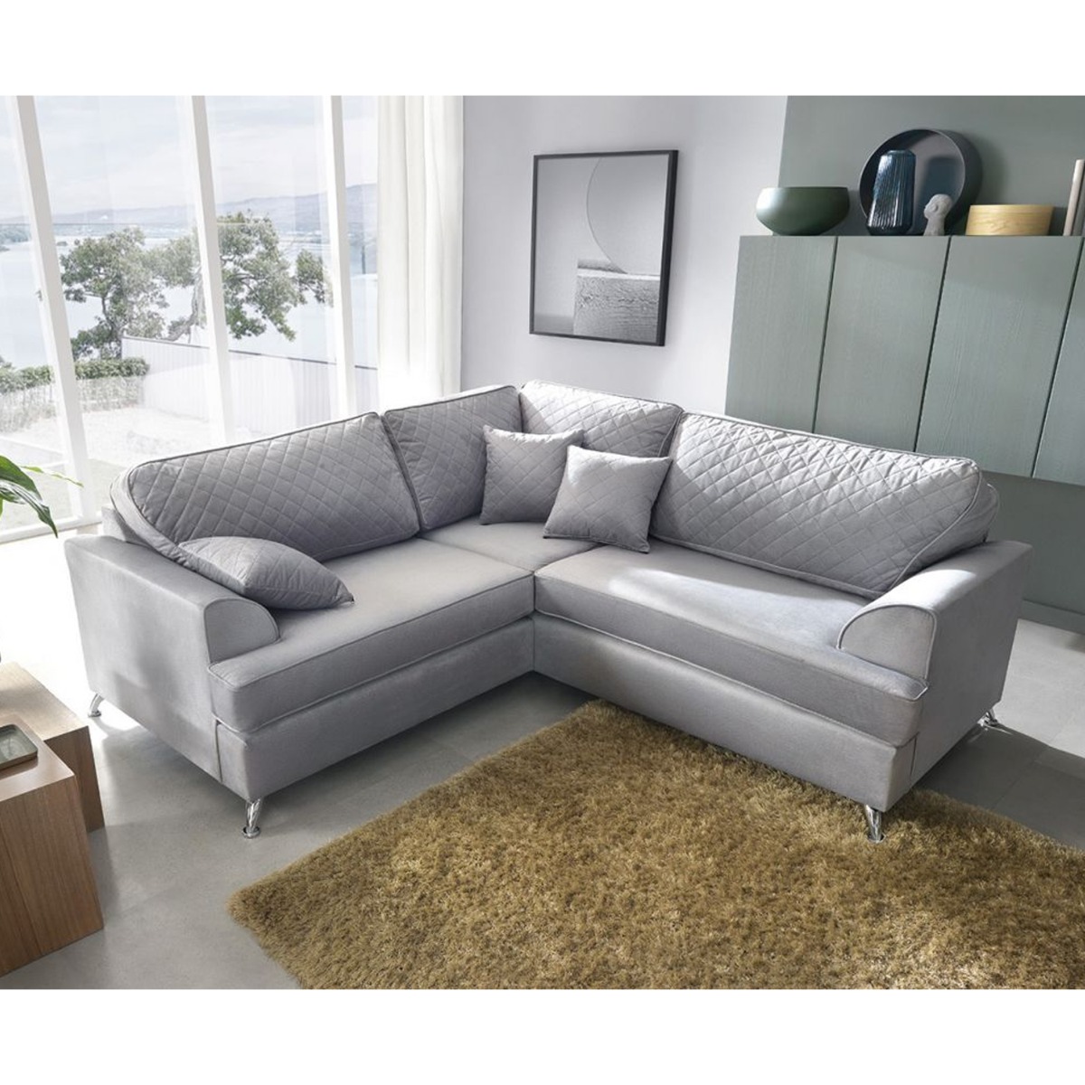 FERGASSON Velvet 4 Seater L Shaped Fullback Corner Sofa - Light Grey