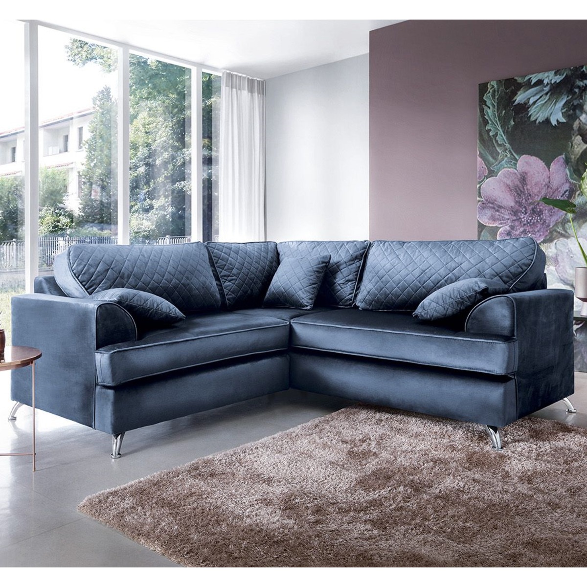 FERGASSON Velvet 4 Seater L Shaped Fullback Corner Sofa - Oxford Blue