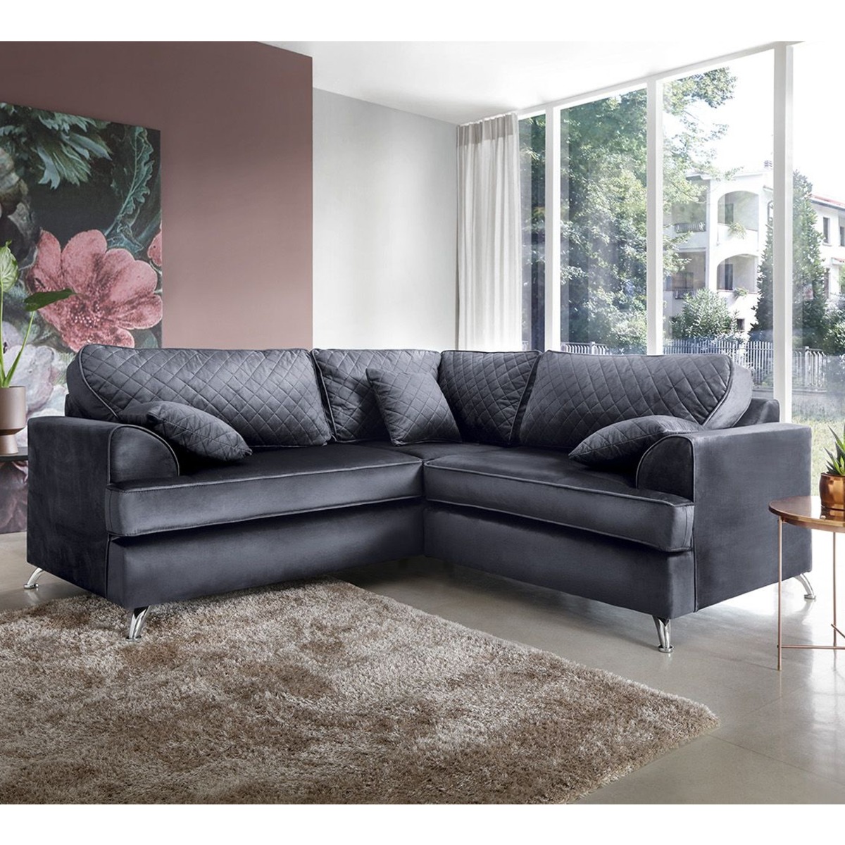 FERGASSON Velvet 4 Seater L Shaped Fullback Corner Sofa - Dark Grey