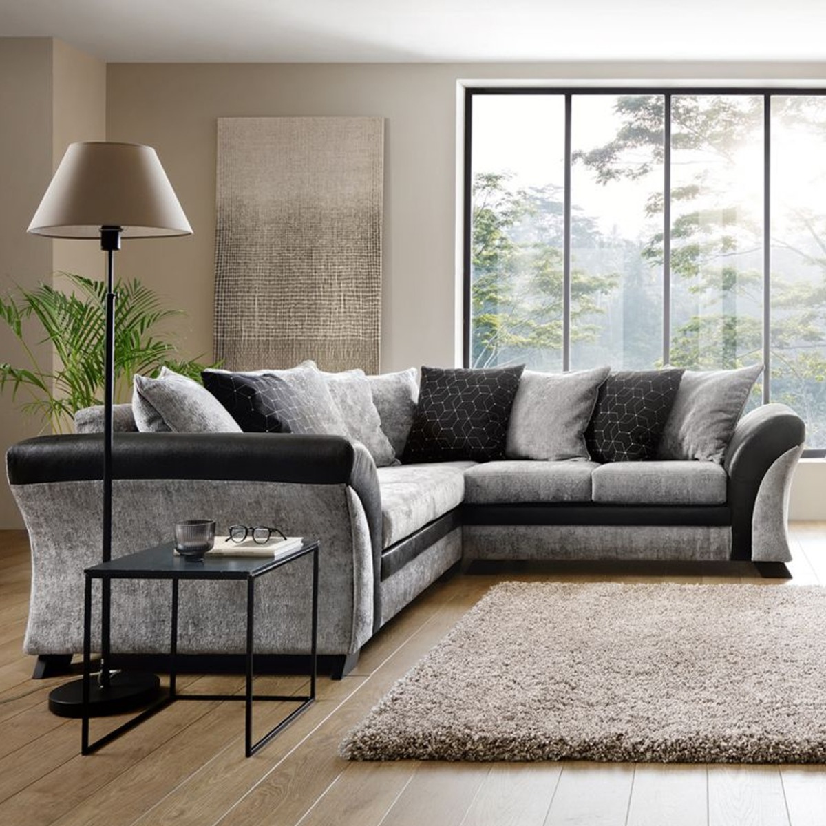 Faro Modern Style Crushed Chenille Fabric Corner Sofa - Black