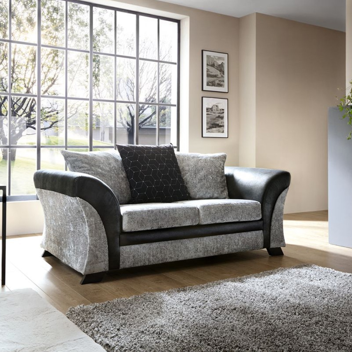 Faro Modern Style Crushed Chenille Fabric 2 Seater Sofa - Black