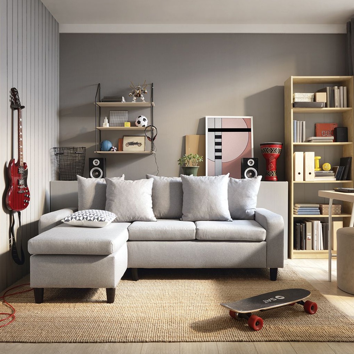 NEPAL Fabric 4 Seater L Shaped - Left Hand Facing Corner Sofa - Light Grey