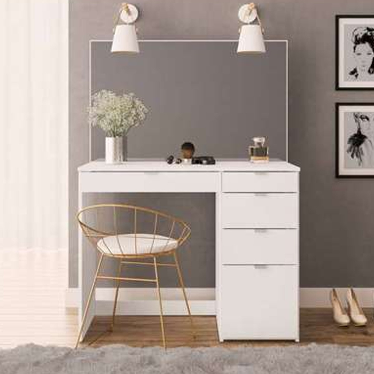 Dressing Table - AVA 5 Drawer Dresser White 97.20cm