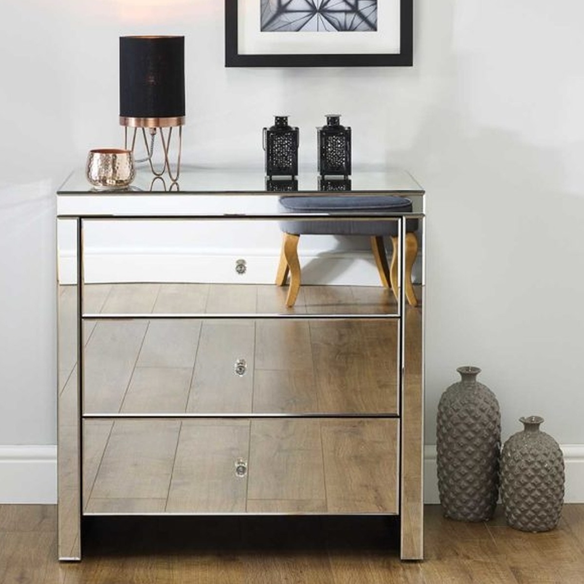 SUTTON Silver Chest of Drawers - Medium-sized, 3 Drawers, Mirrored, Ready Assembled