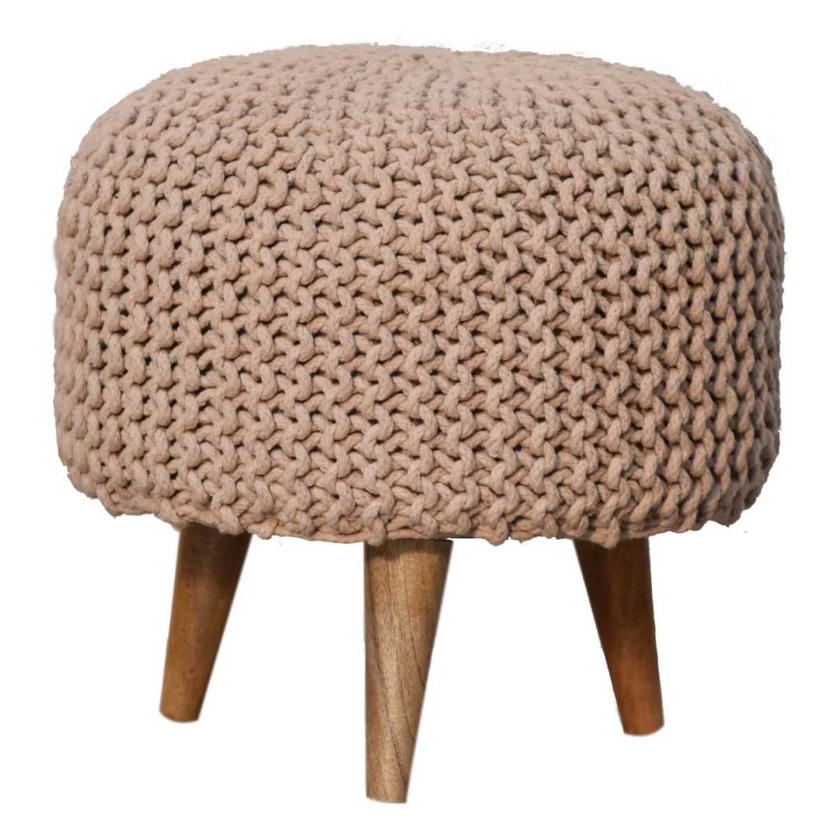 Solid Oak Legs Beige Round Woven Top Footstool