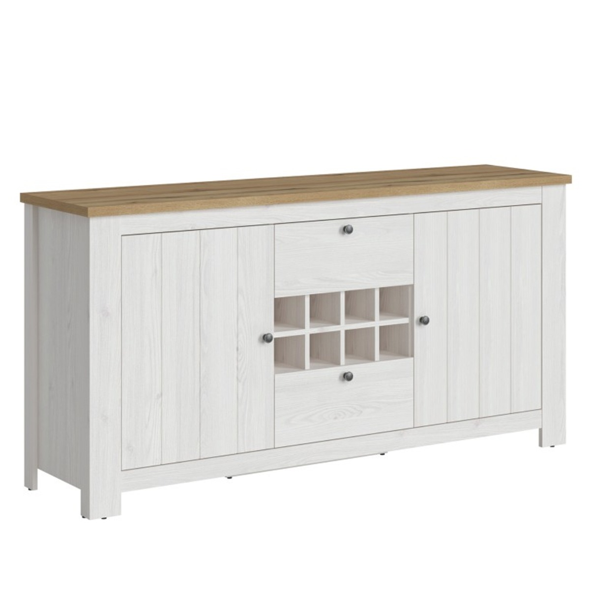 Modern Design 2 Door Sideboard with Wine Rack, 2 Drawer - White and Oak