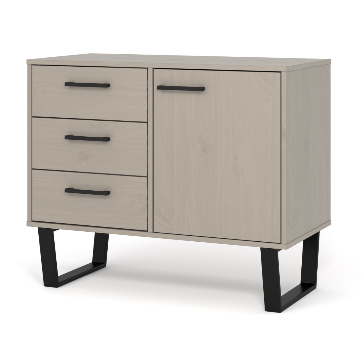 Texas Black Metal Frame Small Sideboard with 1 Door and 3 Drawers - Grey Waxed Pine