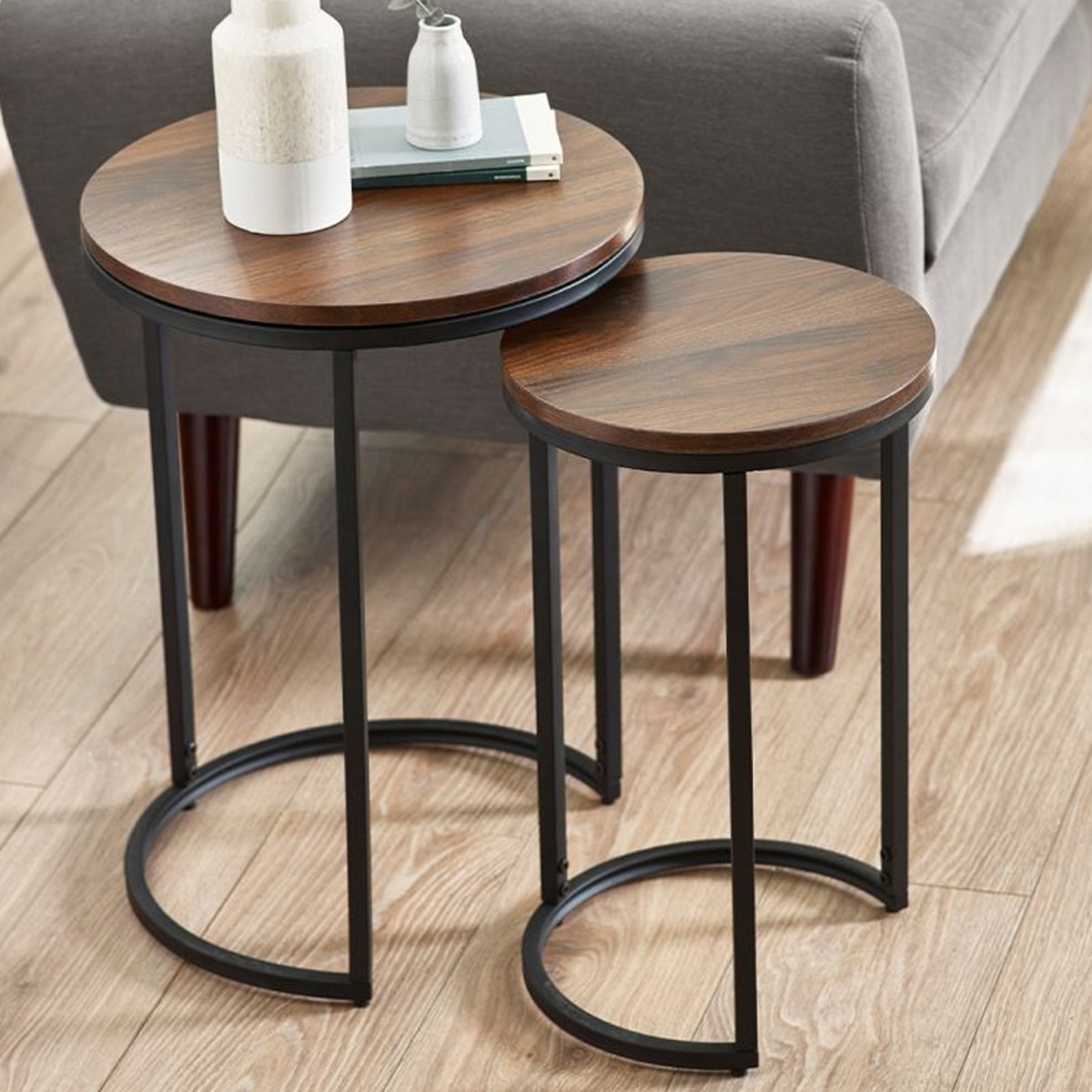 Tribeca Black Metal Frame Round Nesting Side Tables - Walnut