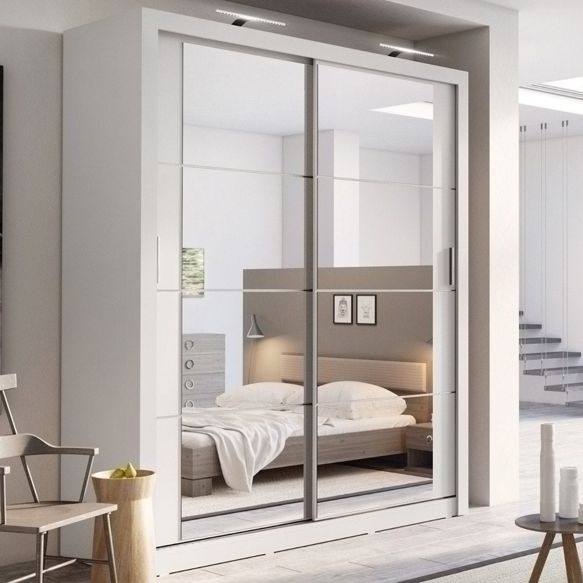 IRVINE 2 Door Mirrored Sliding Wardrobe White Matt - 181cm