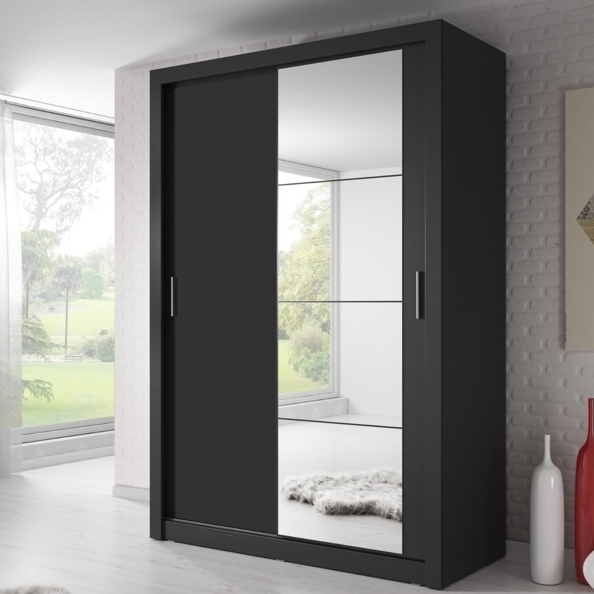 IRVINE 2 Door Mirrored Sliding Wardrobe Black Matt - 150cm