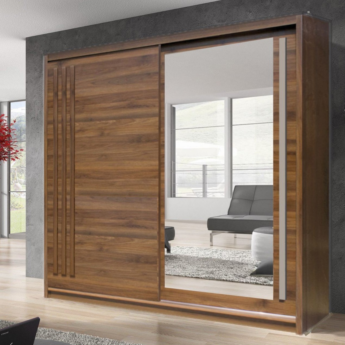 ETHRA 2 Door Mirrored Sliding Wardrobe Dark Oak - 200cm
