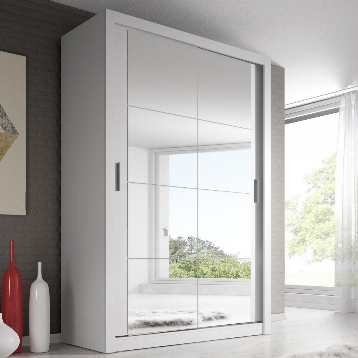 IRVINE II 2 Door Mirrored Sliding Wardrobe White Matt - 120cm