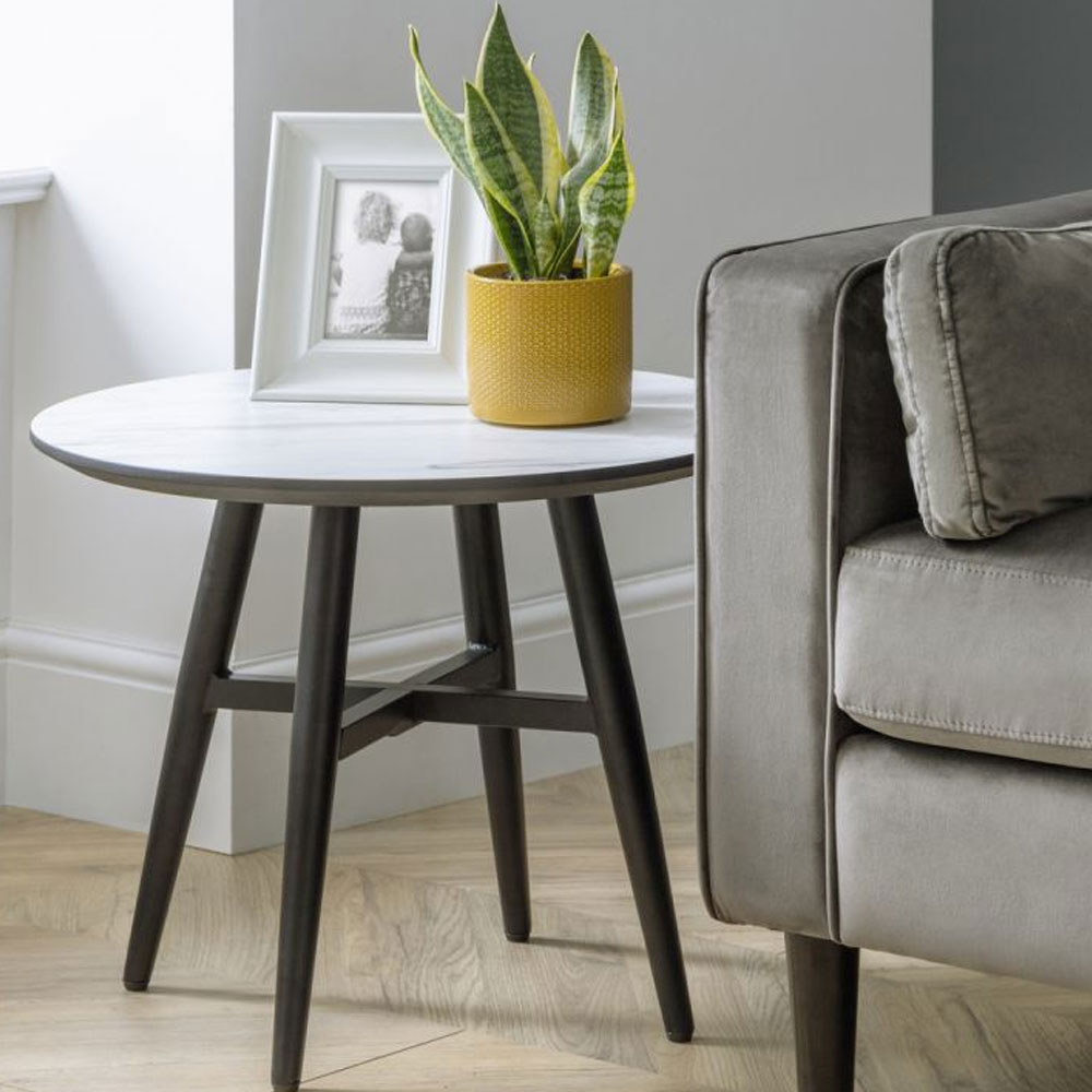 Firenze Stunning White Marble Effect Side End Table - White Marble